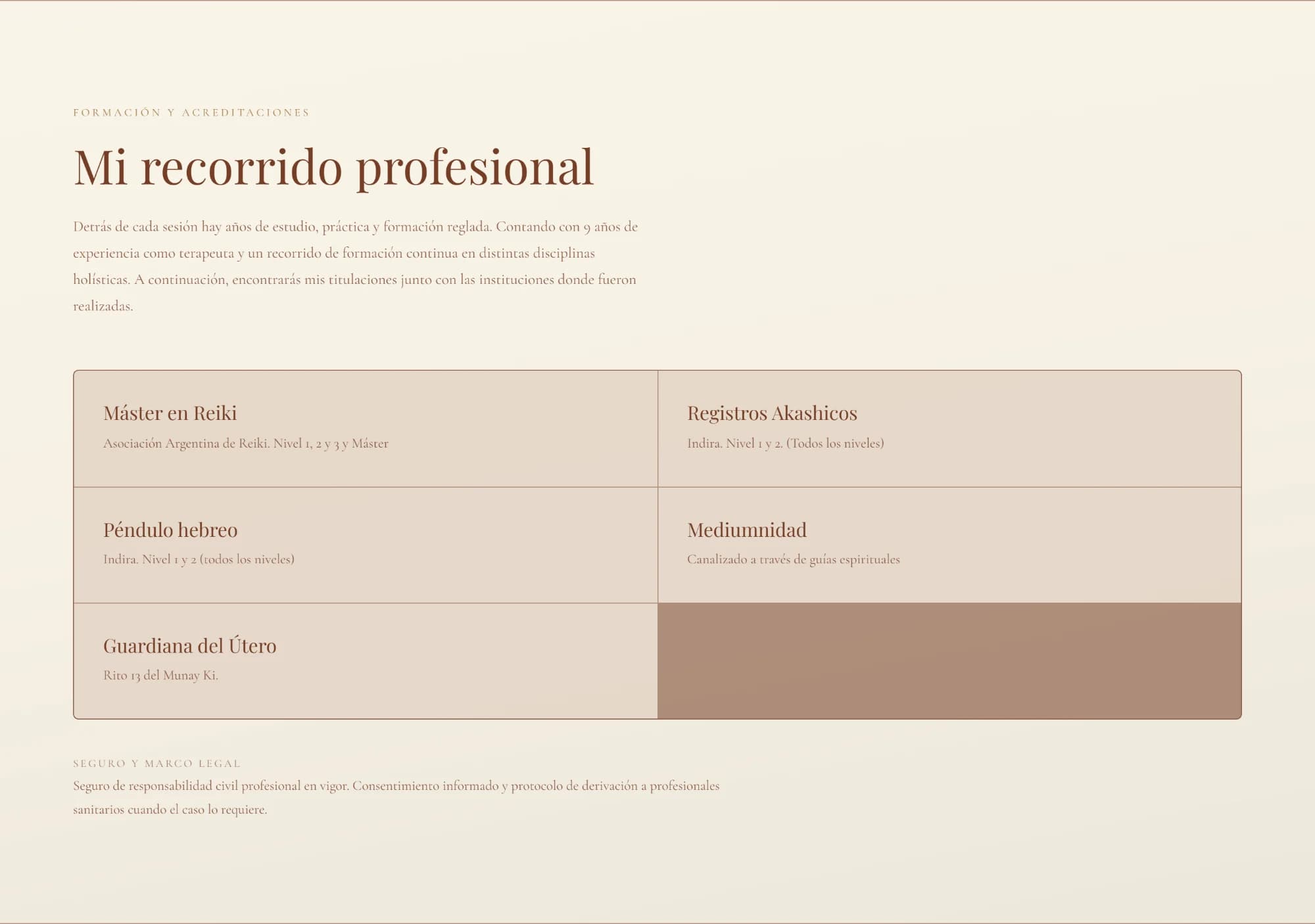 “Mi recorrido profesional” section with her qualifications — Reiki Master, Akashic Records, Hebrew pendulum and others — and the legal framework