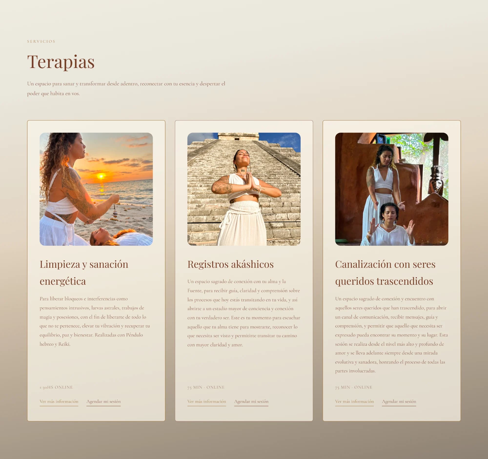 Therapies page with each session's card, its square photo and the link to its page