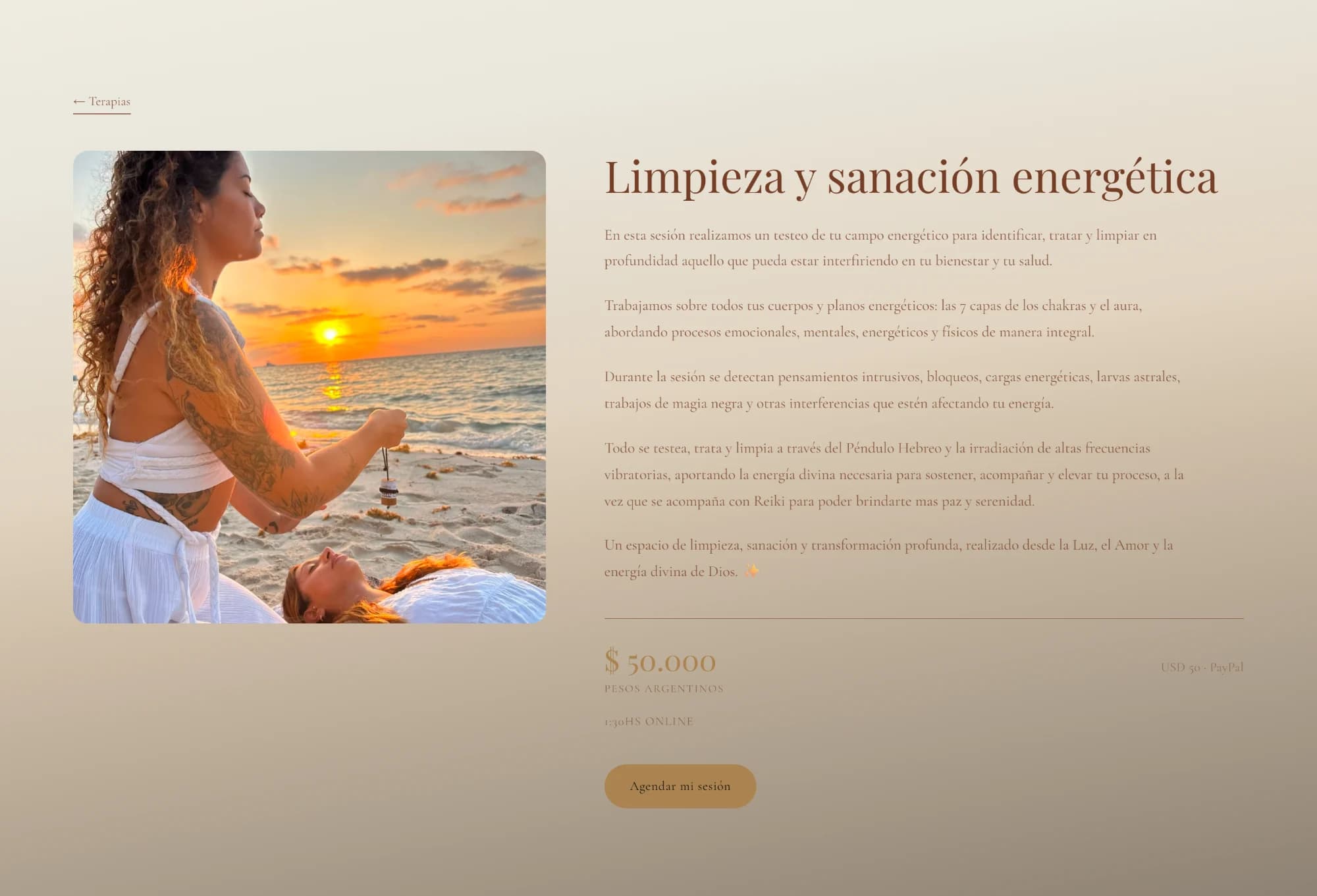 “Limpieza y sanación energética” page: the photo, the description in paragraphs, the price in pesos and dollars, the length and the “Book my session” button