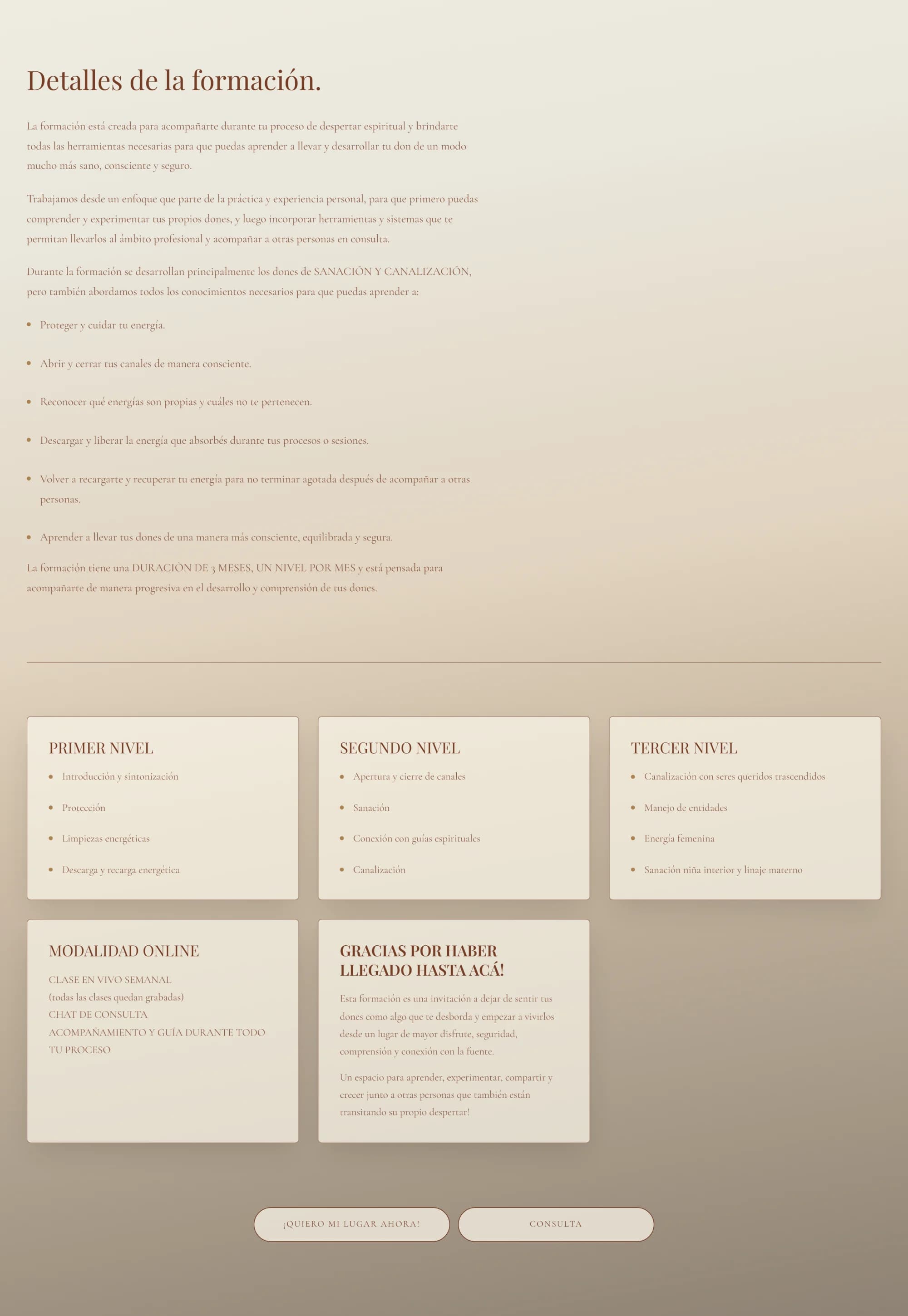 Training details, the three level cards with their topics, the online format and the “I want my place now!” and “Ask a question” buttons