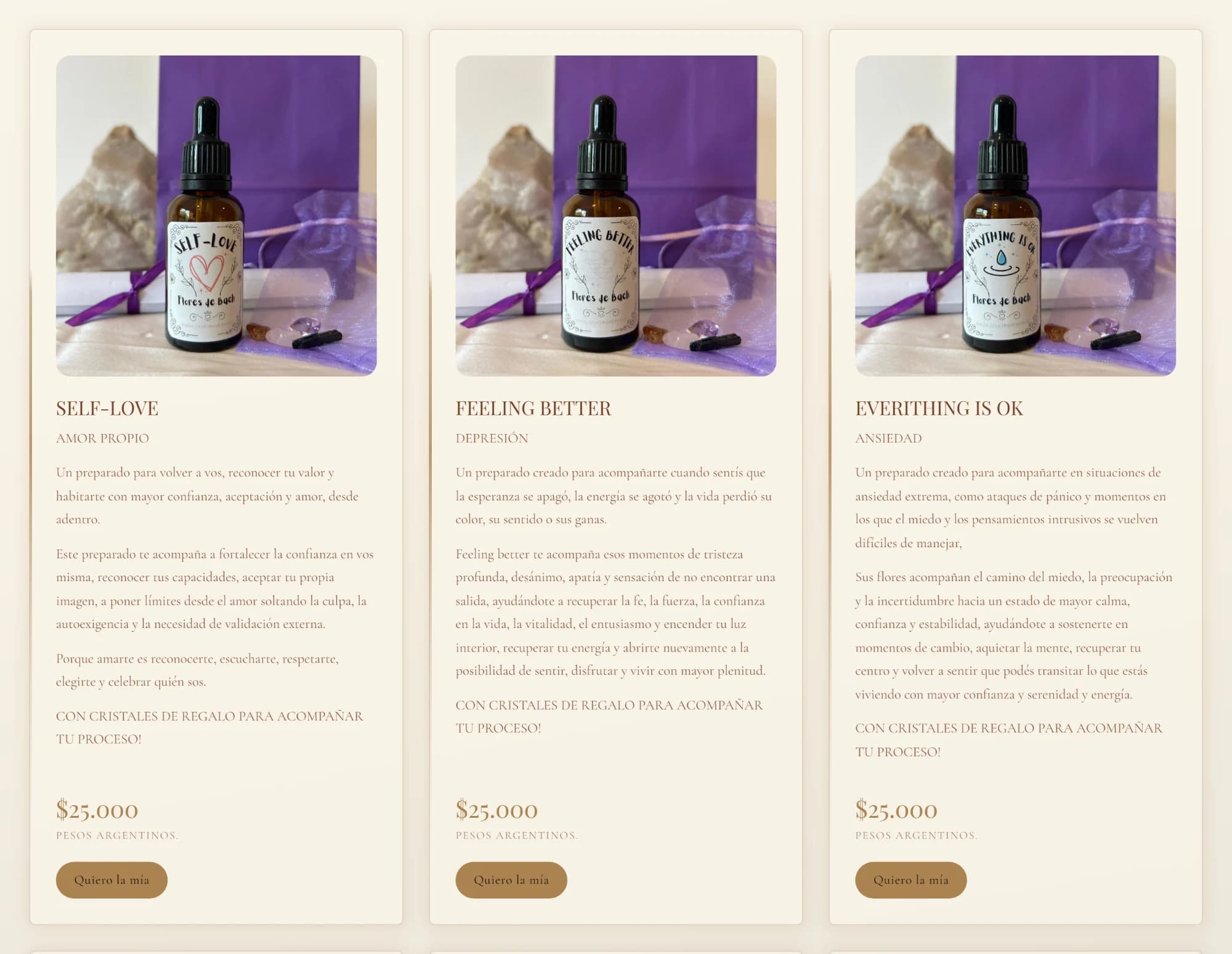Three cards from the Bach flower catalogue, each with its photo, text, price and button