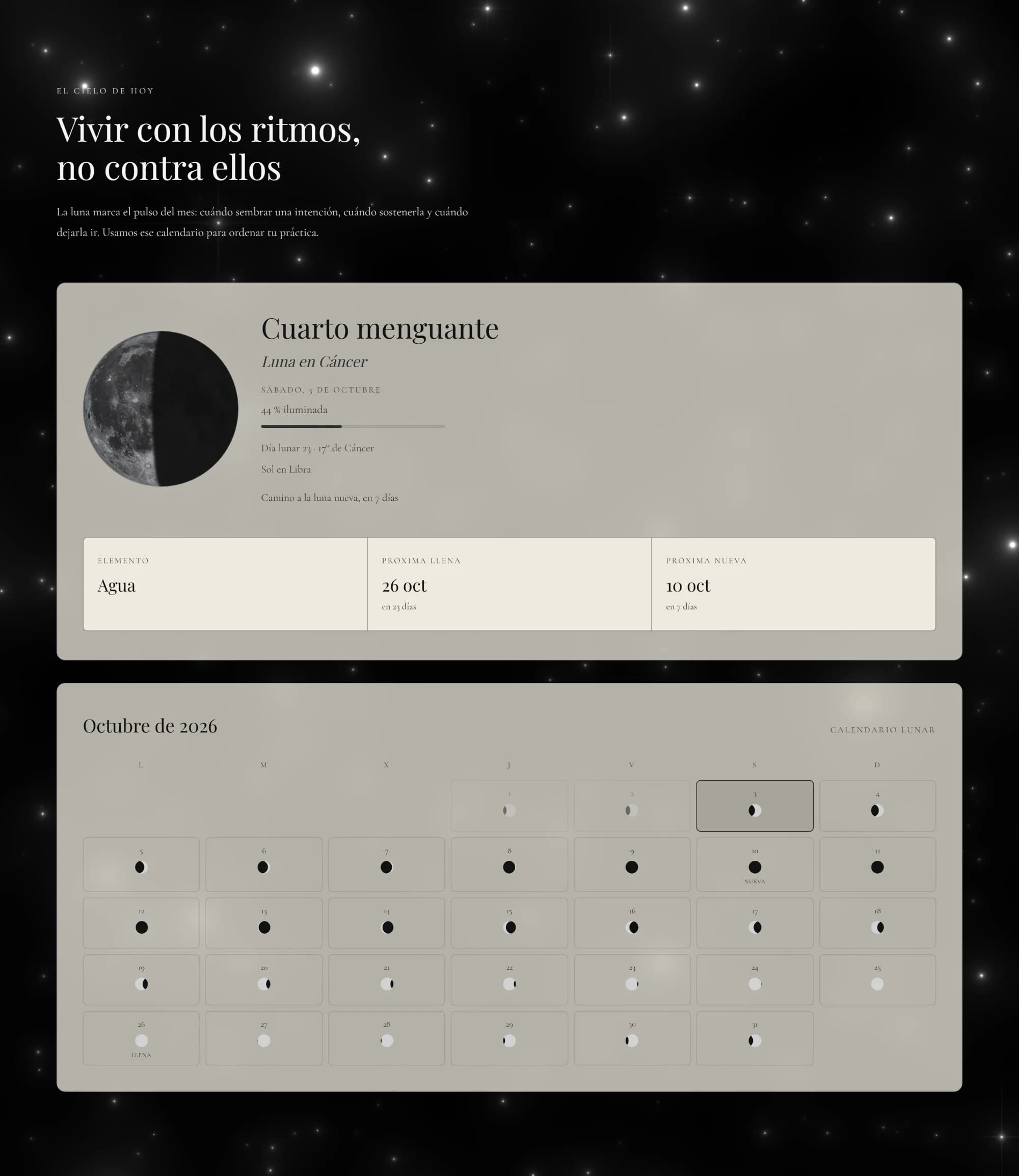 Today's moon — phase, sign, illumination, next moons — and the month's calendar with each day's phase, on translucent cards over the stars