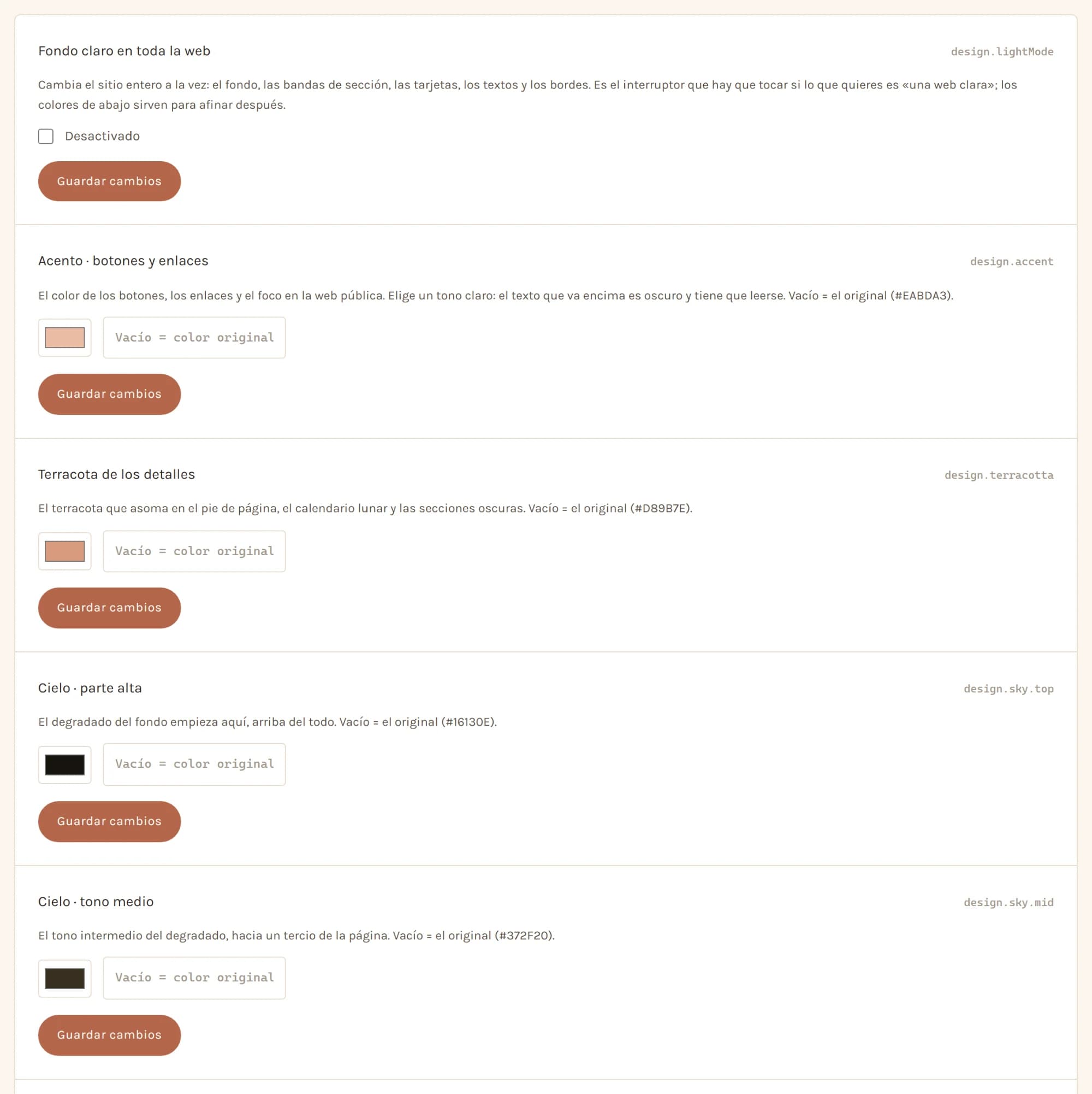 The admin “Design” screen: the light background switch and the accent, terracotta and sky colours, each with its explanation and original value