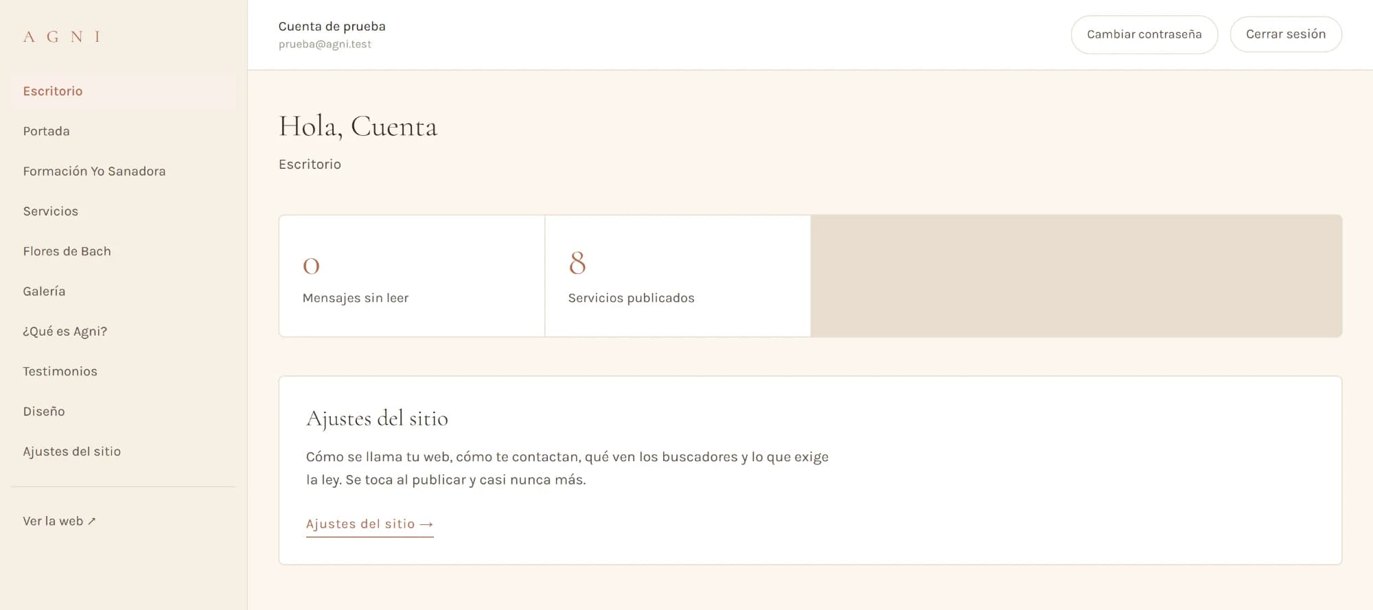 AGNI admin dashboard with the side menu and a test account