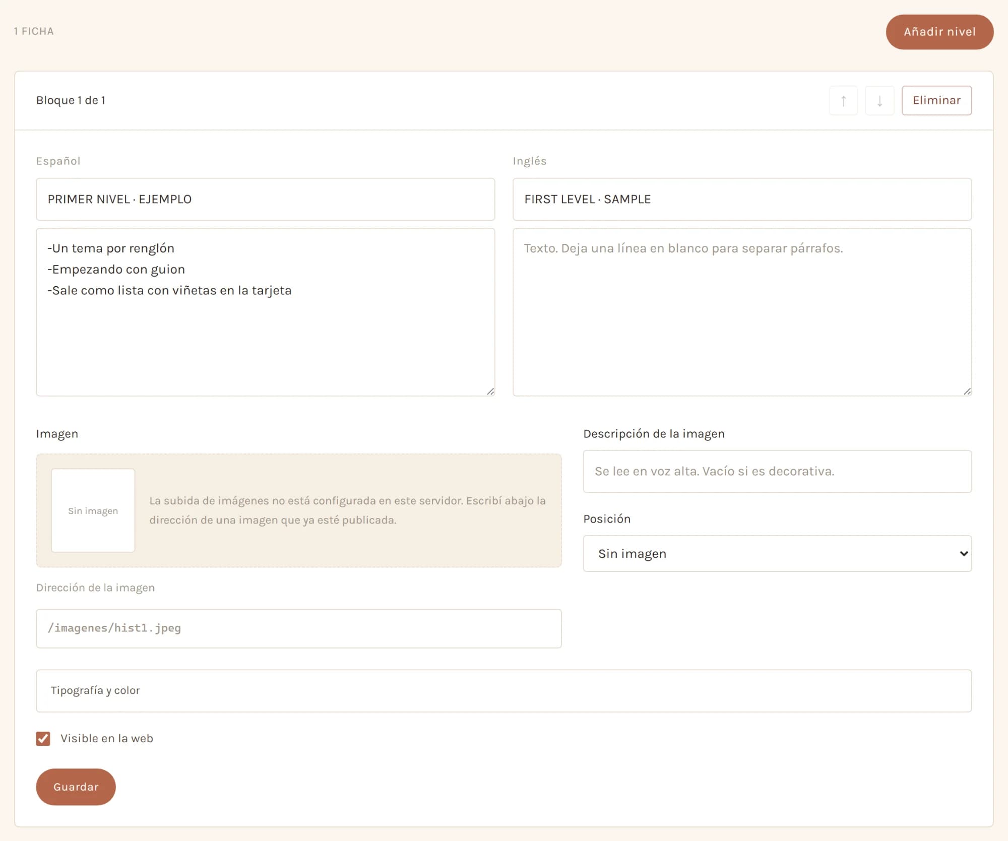 A training level in the admin panel, with the Spanish text written as lines starting with a dash