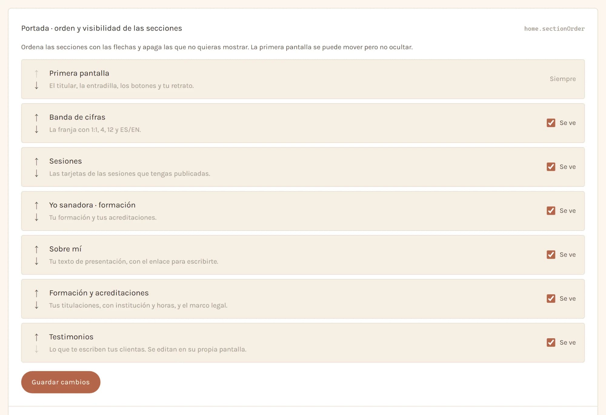 Admin screen listing the home page sections, each with arrows to reorder it and a “Visible” checkbox