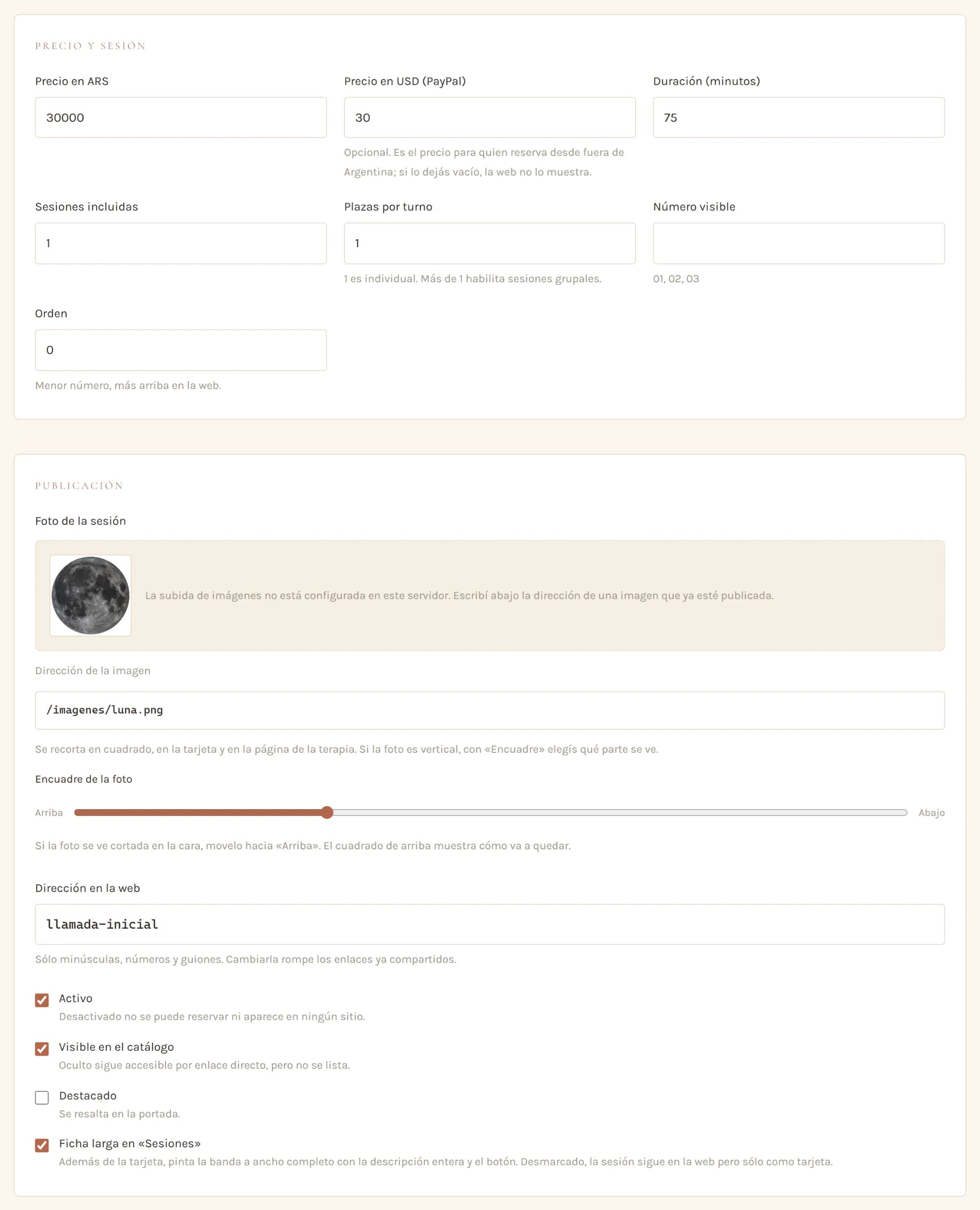A therapy in the admin panel: prices in pesos and dollars, length, places per slot, the photo with its framing slider and the publishing switches
