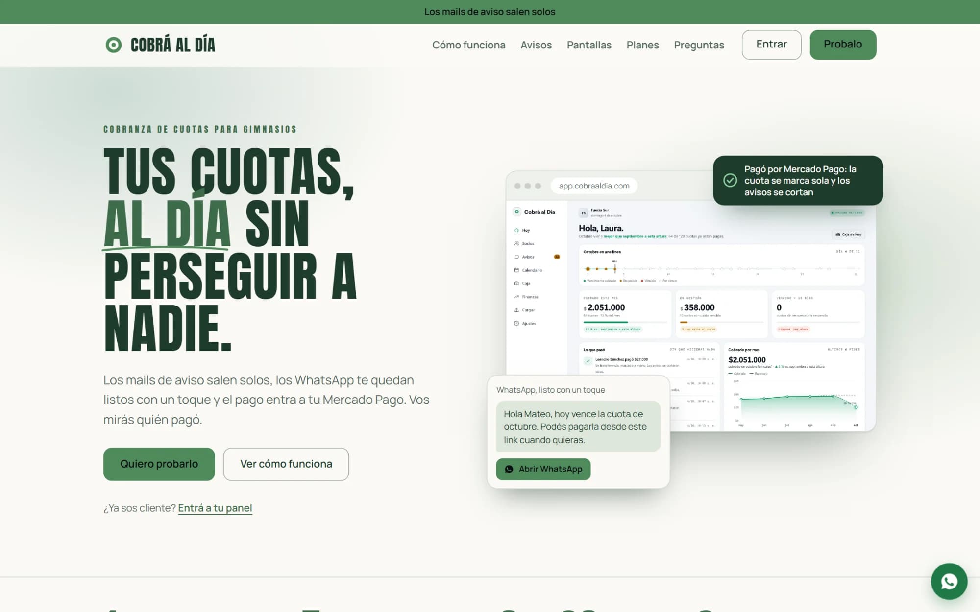 Portada de cobraaldia.com con el panel del gimnasio y un aviso de WhatsApp al costado