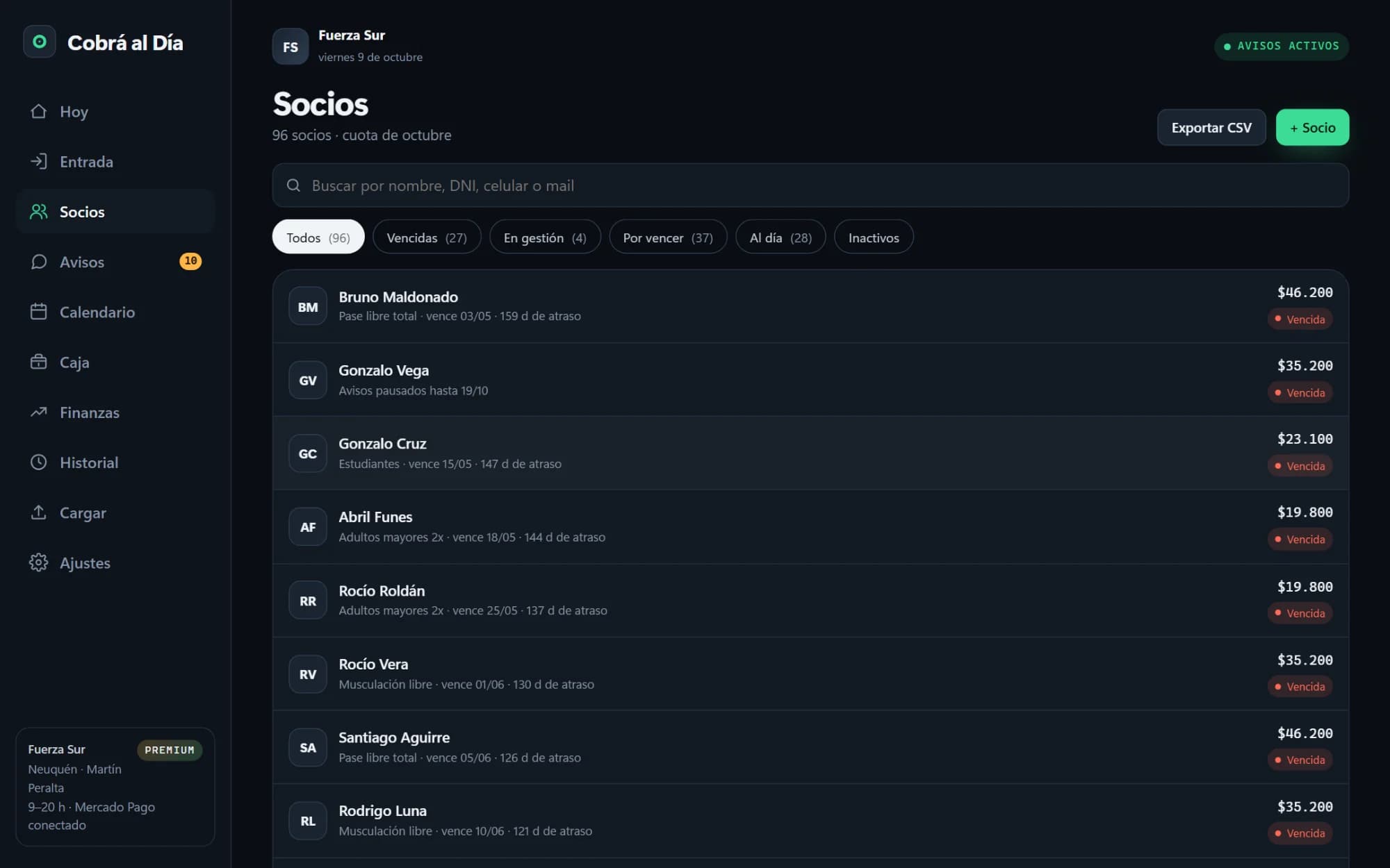 Lista de socios con buscador, estado de cada uno, lo que debe y su último pago