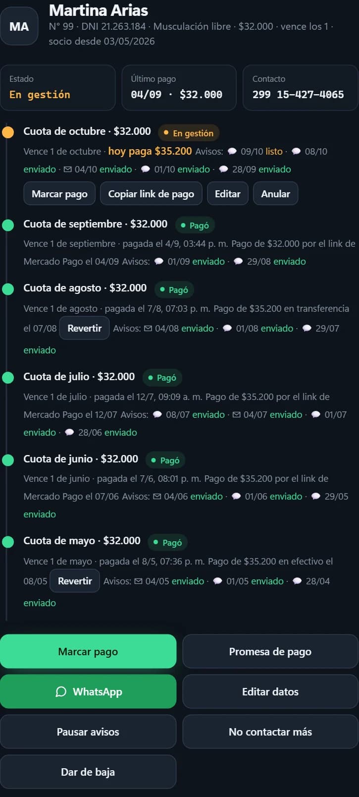 Ficha de una socia: sus cuotas con el estado, los avisos que salieron y cómo pagó cada una, y los botones de acción