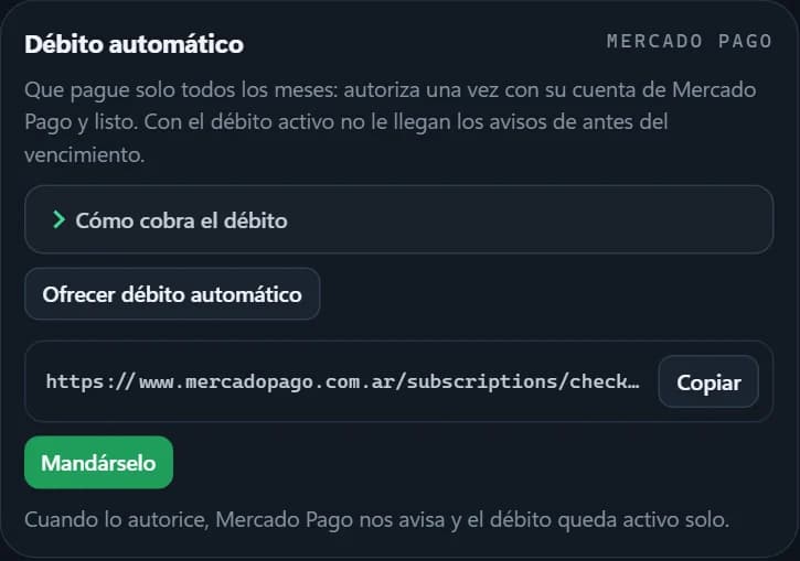 Tarjeta de débito automático en la ficha, con el link generado y el botón para mandárselo
