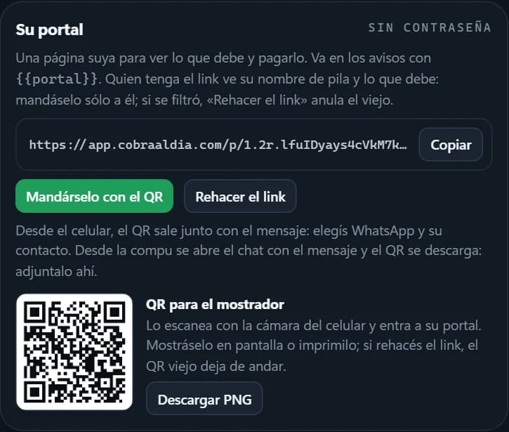 El link del portal de la socia, con su QR para el mostrador
