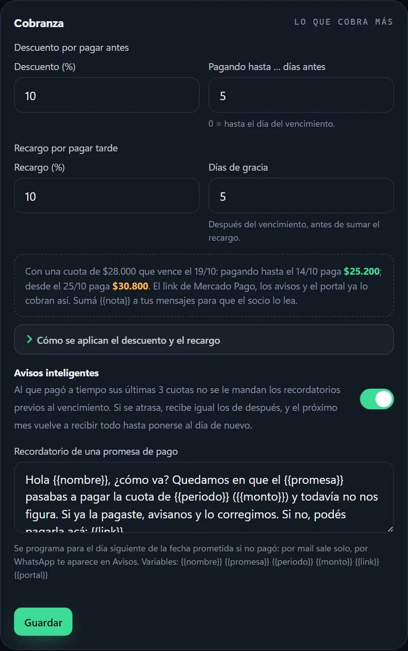 Configuración del descuento, el recargo y los avisos