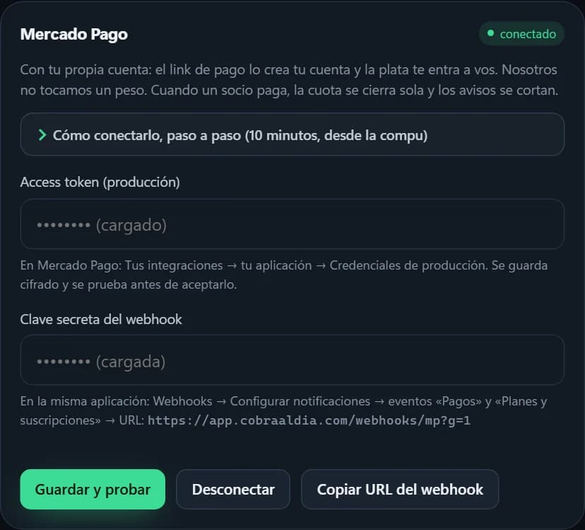 La conexión con la cuenta de Mercado Pago del gimnasio