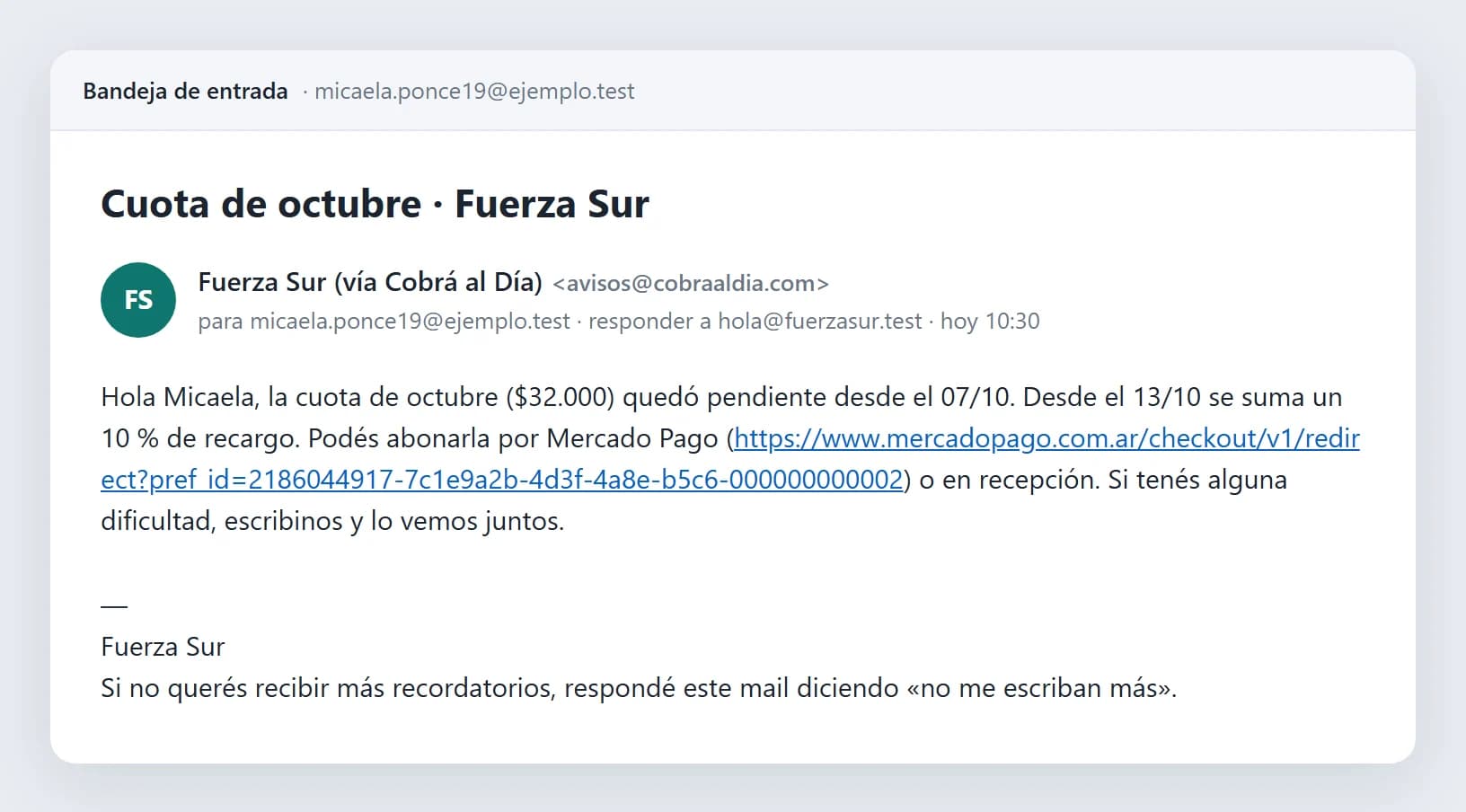 Mail de aviso de Fuerza Sur con la cuota pendiente, el aviso del recargo y el link de Mercado Pago