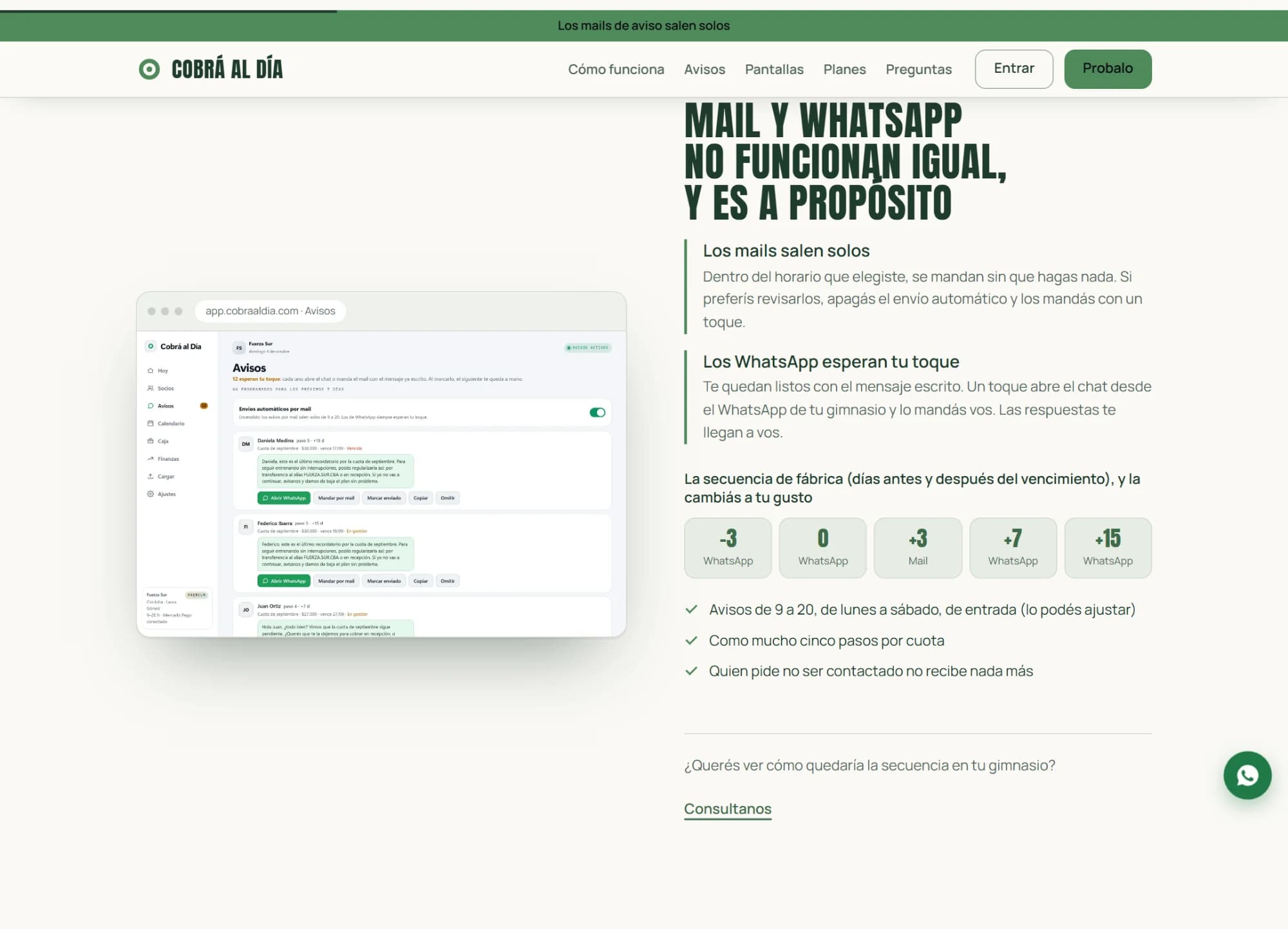 Sección de cobraaldia.com que explica por qué el mail y el WhatsApp funcionan distinto, con la secuencia de cinco pasos