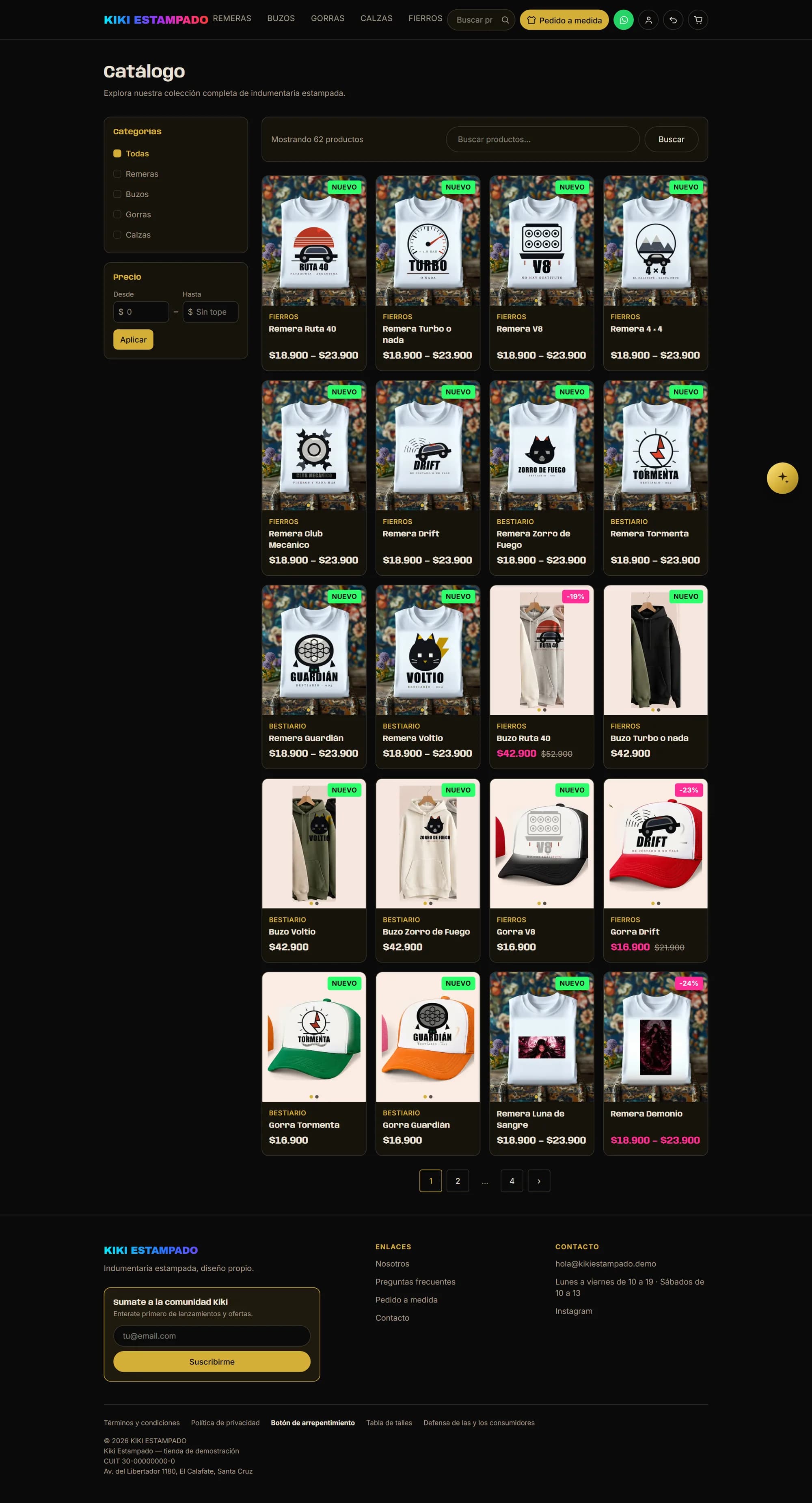 Kiki's catalogue with category and price filters on the left and the product grid on the right