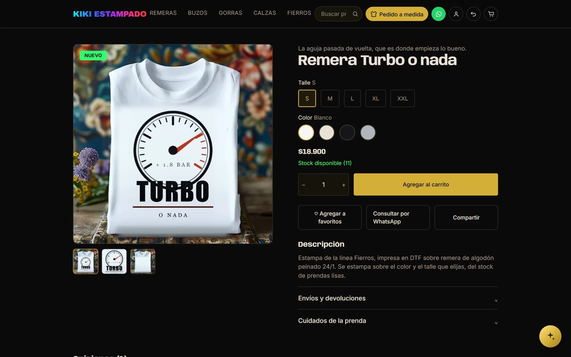 The Turbo t-shirt's page: size selector, colour swatches, price, available stock and the add-to-cart button