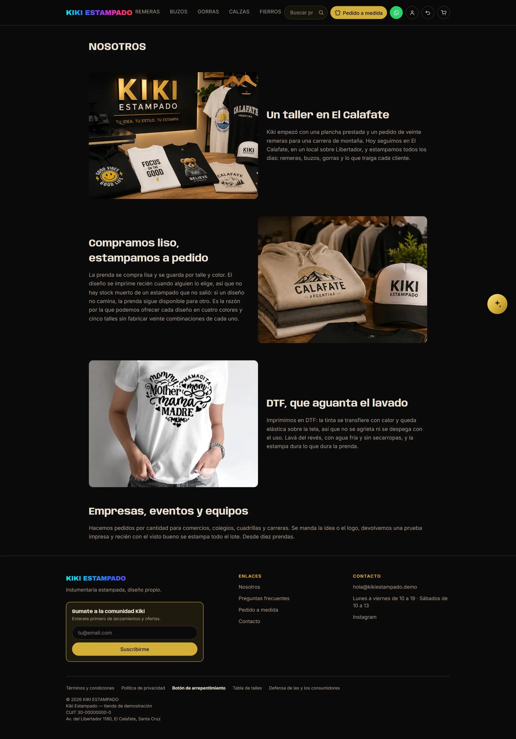 The store's “About” page, with four blocks alternating photo and text