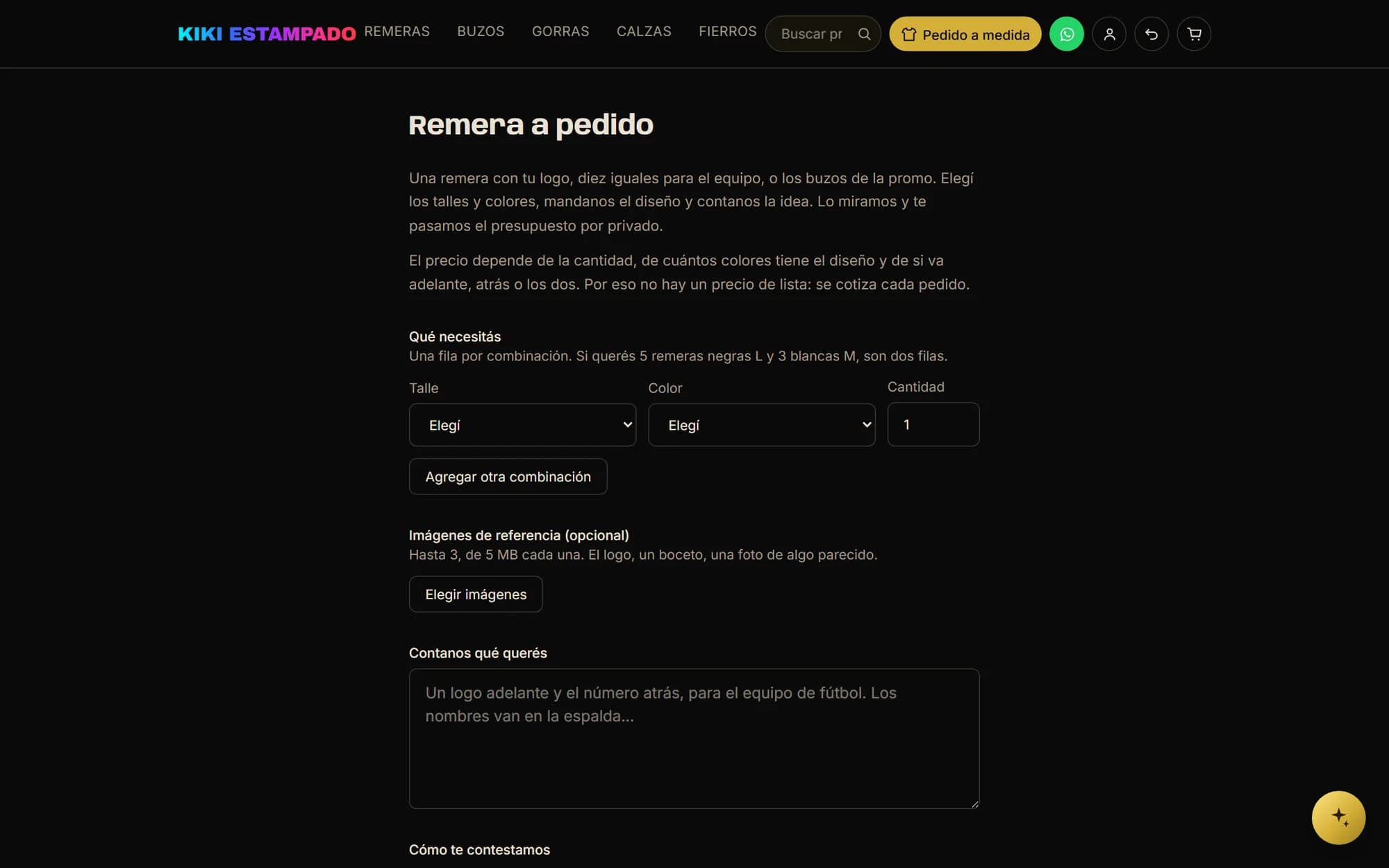 The custom-order form with rows for size, colour and quantity, the image upload and the field for describing the idea