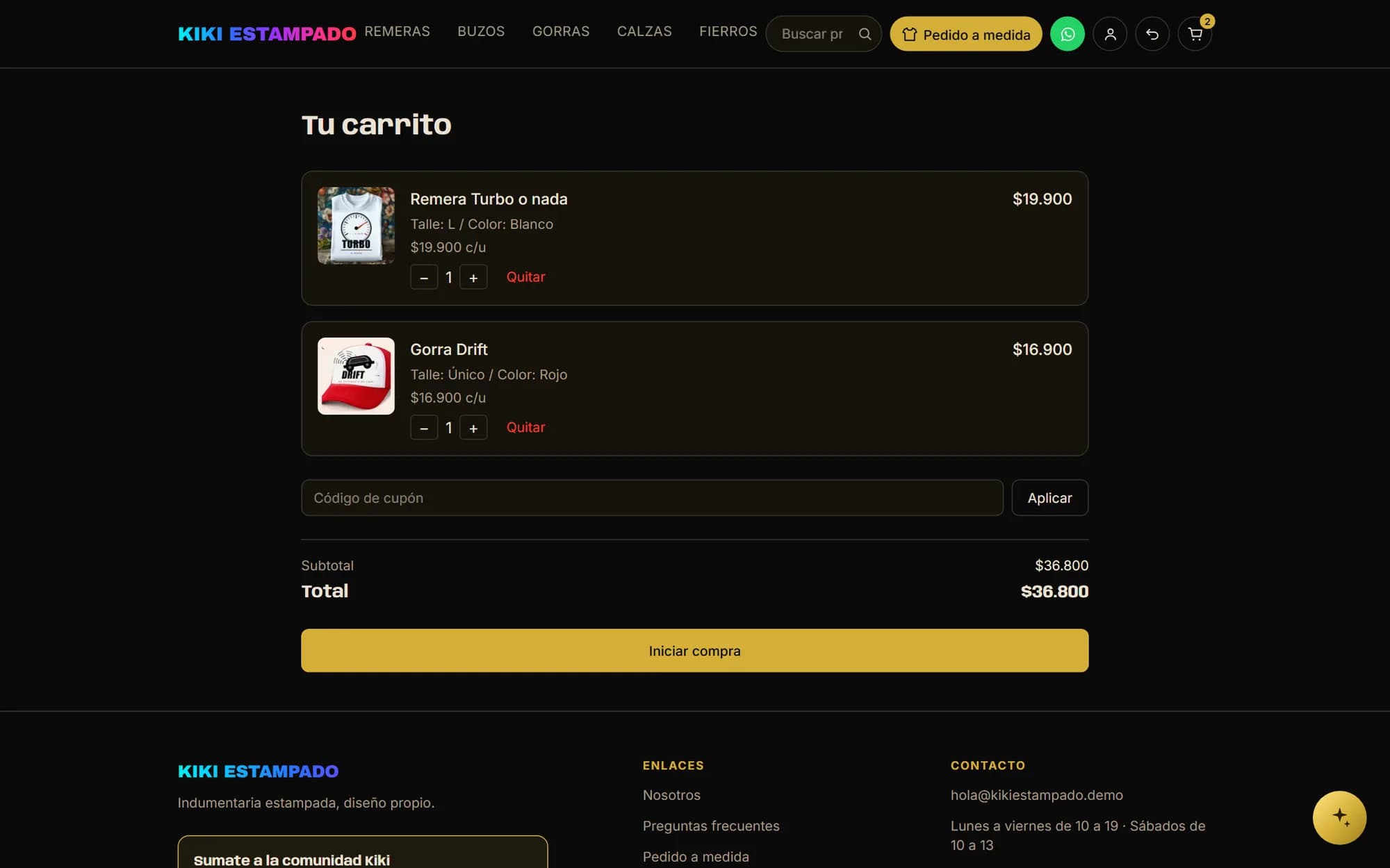 The cart with two products, a coupon field, subtotal and total, and the start-purchase button