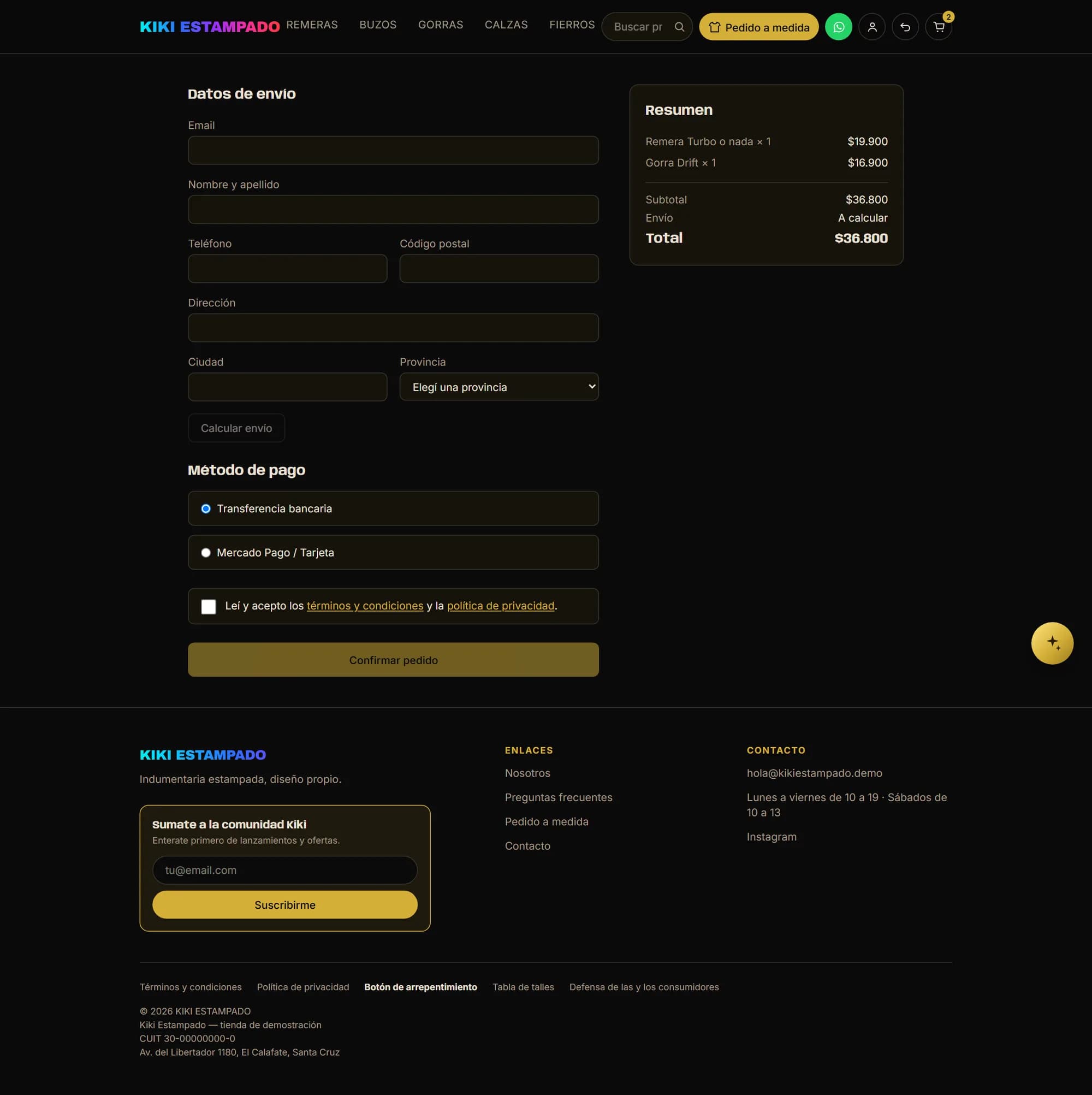 Checkout with shipping details, postcode-based shipping calculation, the two payment methods and the terms checkbox