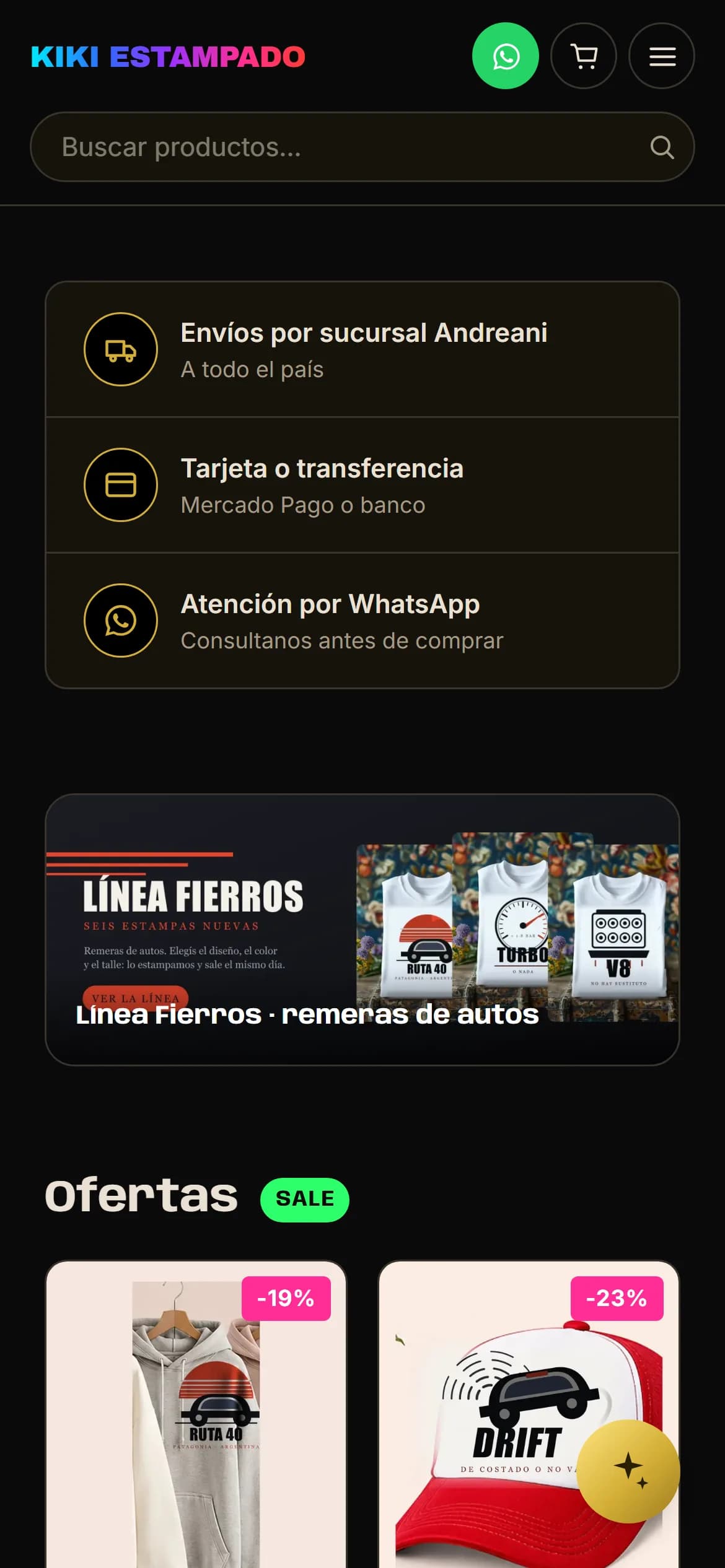 Kiki Estampado's home page on a phone