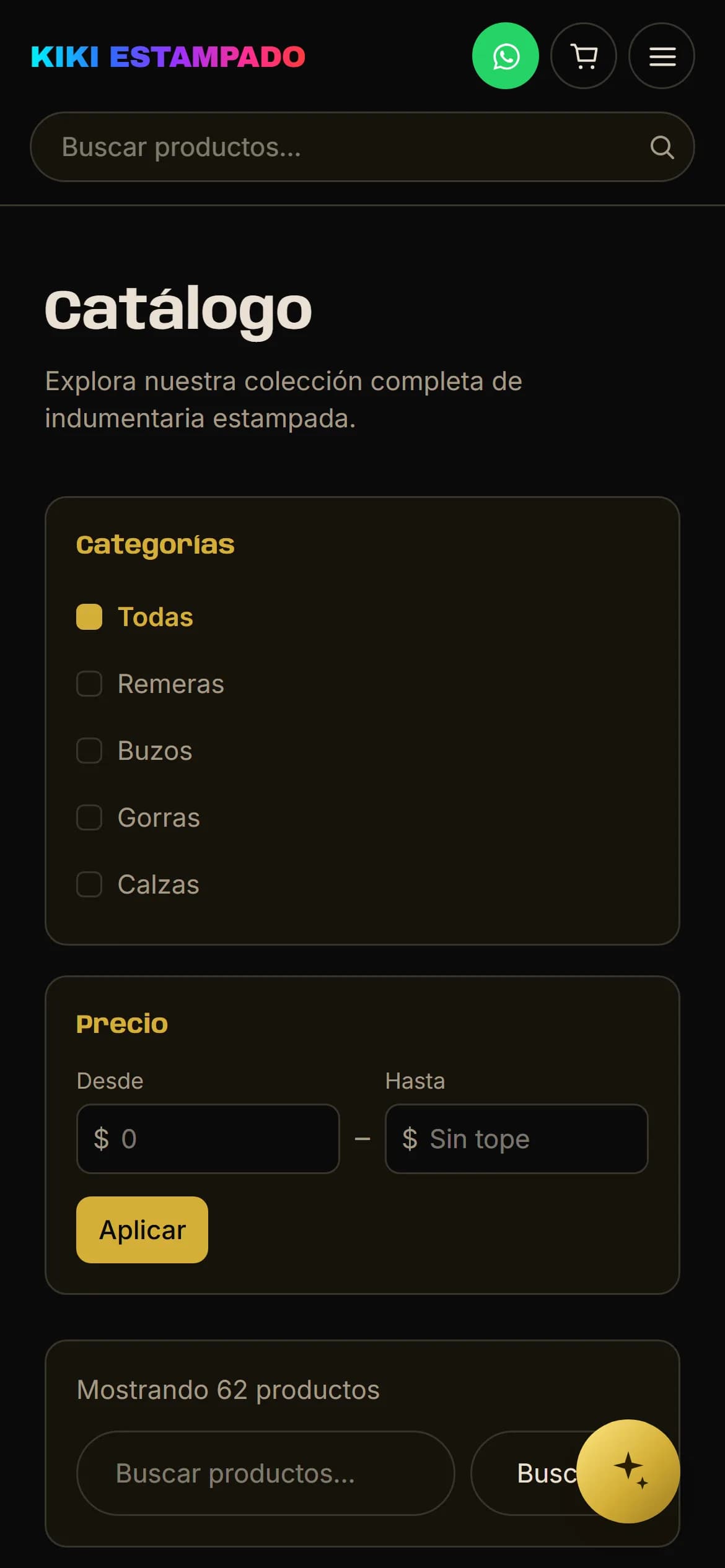 Kiki Estampado's catalogue on a phone, with the filters above the grid