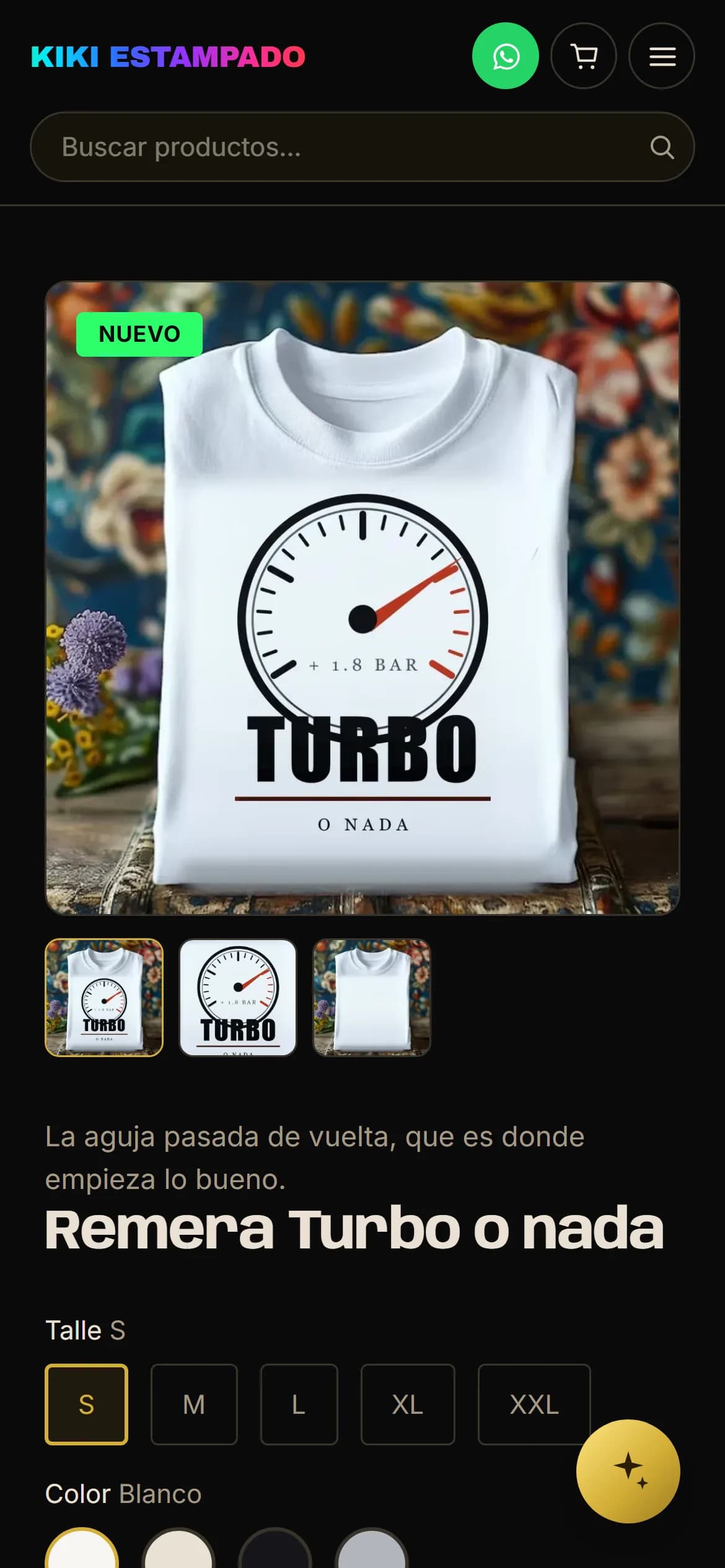 A product page on a phone, with the size and colour selector