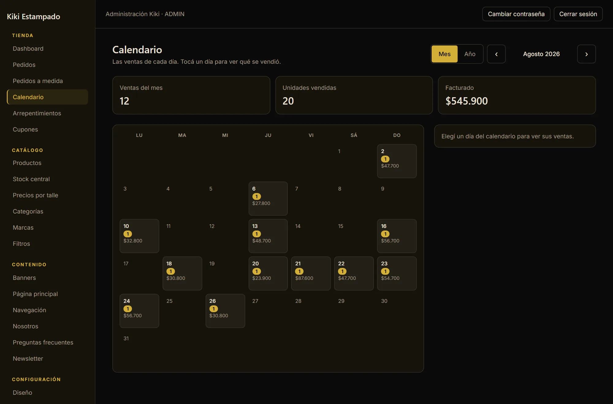 The panel's sales calendar: the month grid with each day's sale count and revenue