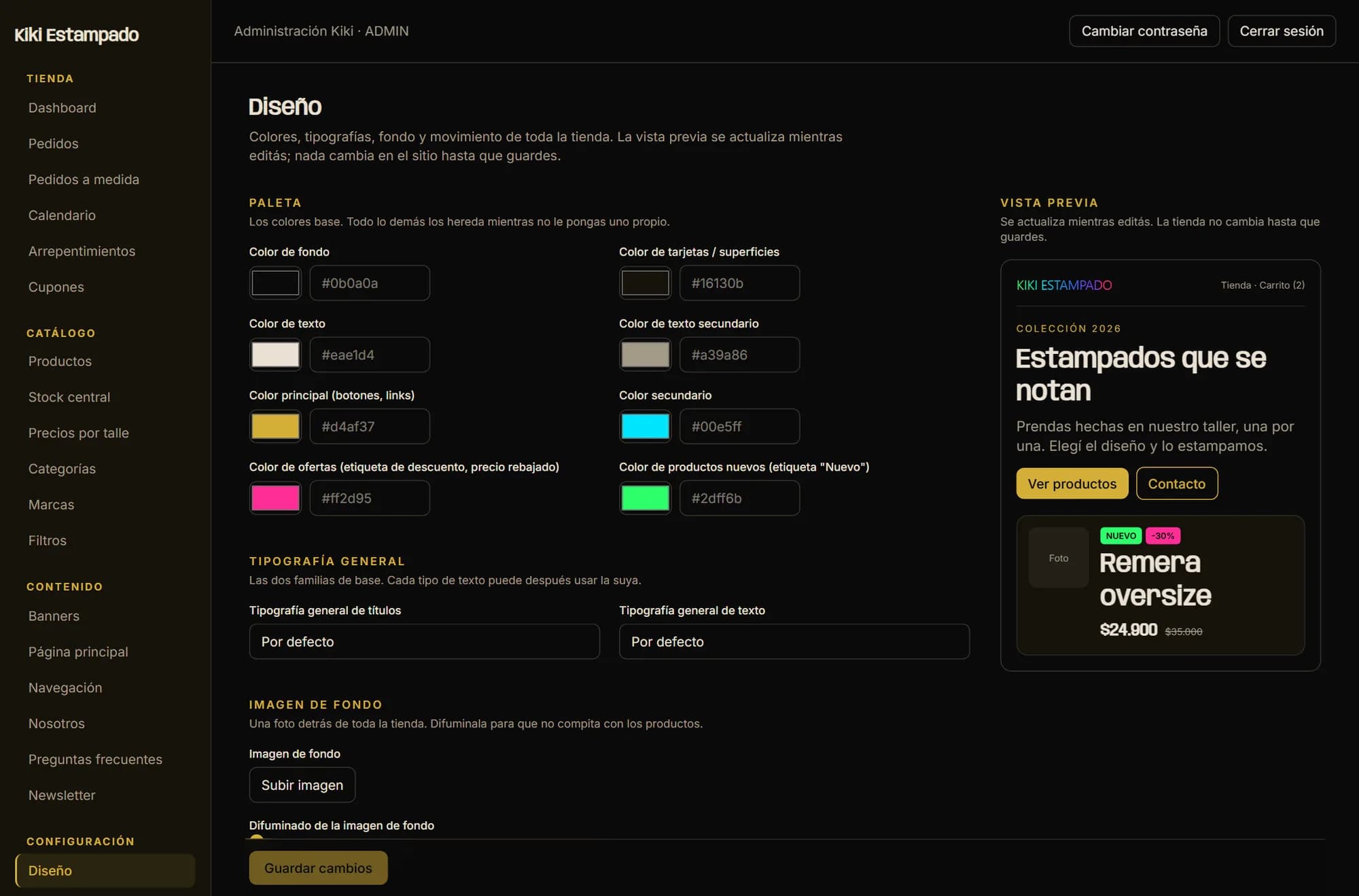 The panel's design editor: colour fields on the left and the store preview on the right
