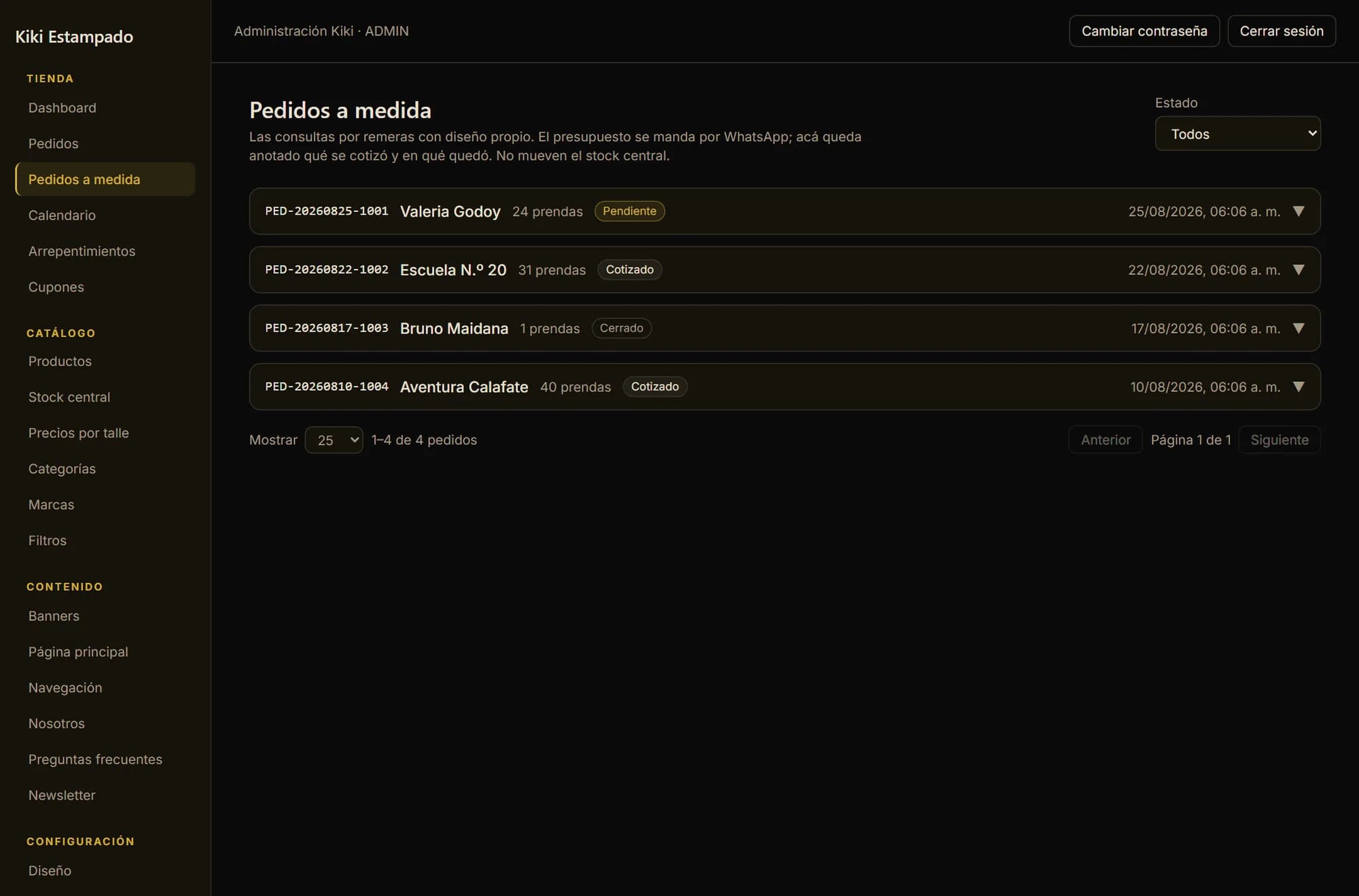 The custom-order list in the panel, each with its code, customer, garment count and status