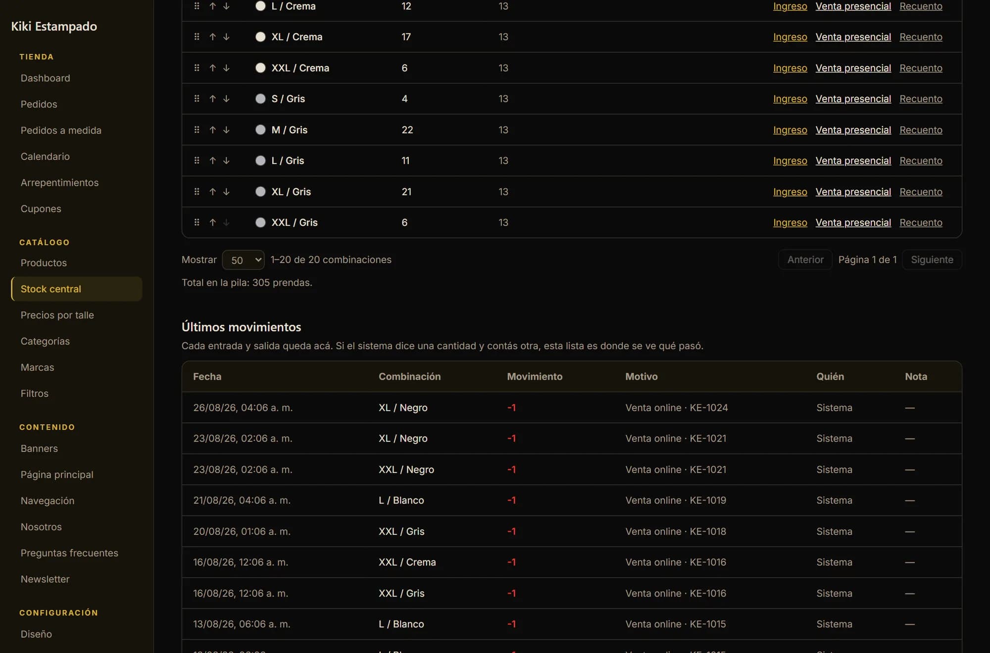 The latest stock movements, with date, combination, quantity, reason, who did it and the order number that caused it