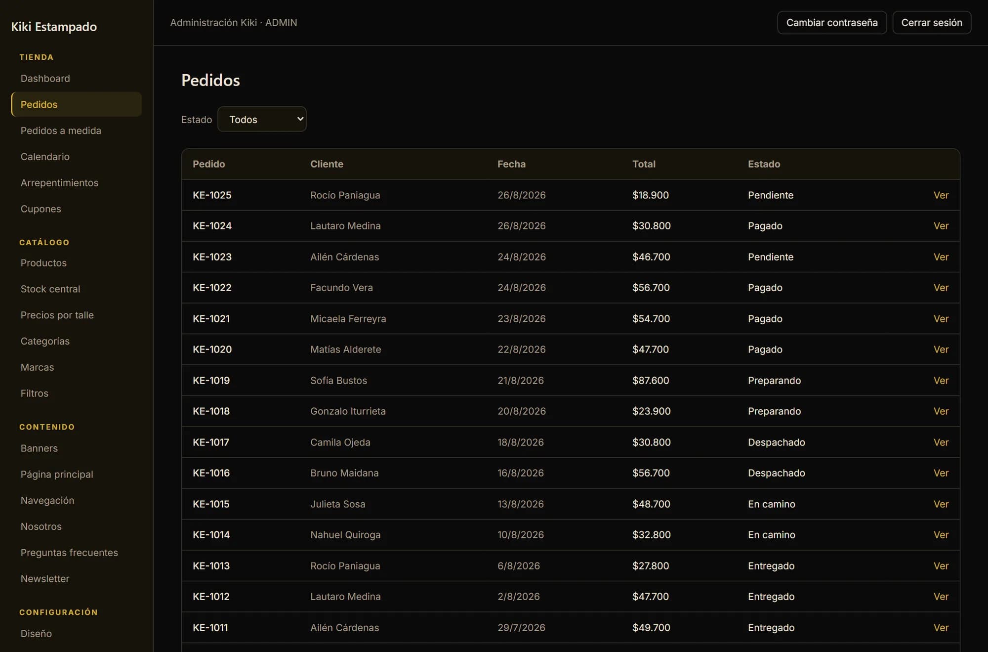 The order list with number, customer, date, total and status