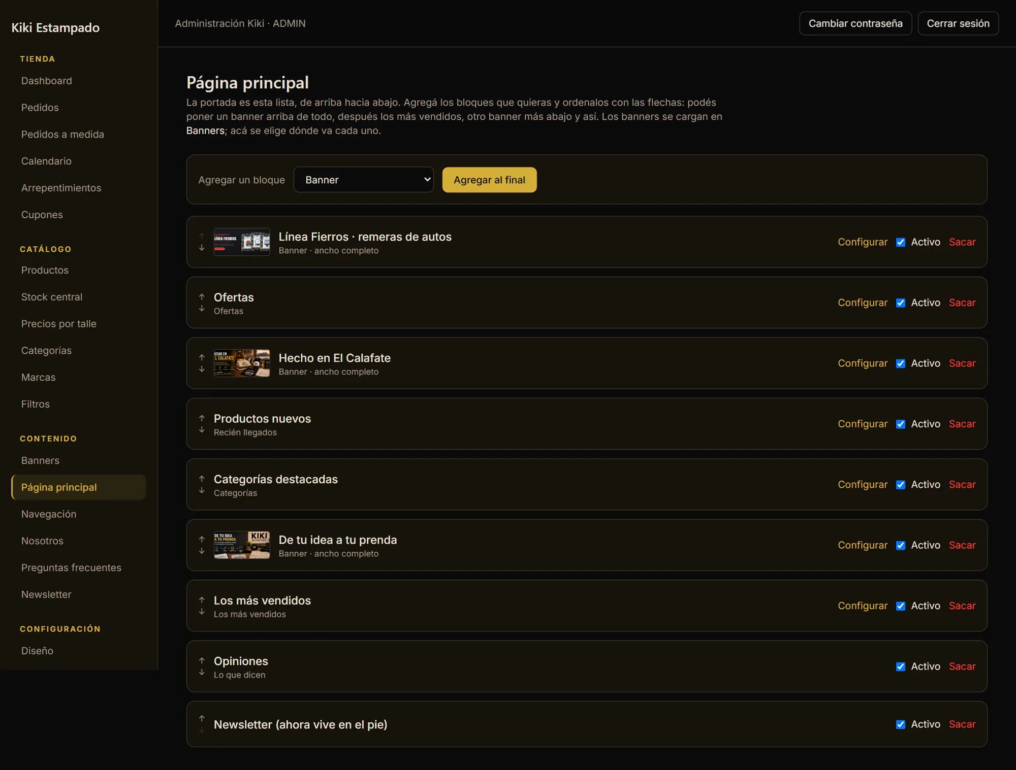 The panel's “Home page” screen: the nine blocks of the home page in a row, with arrows to move each one up and down