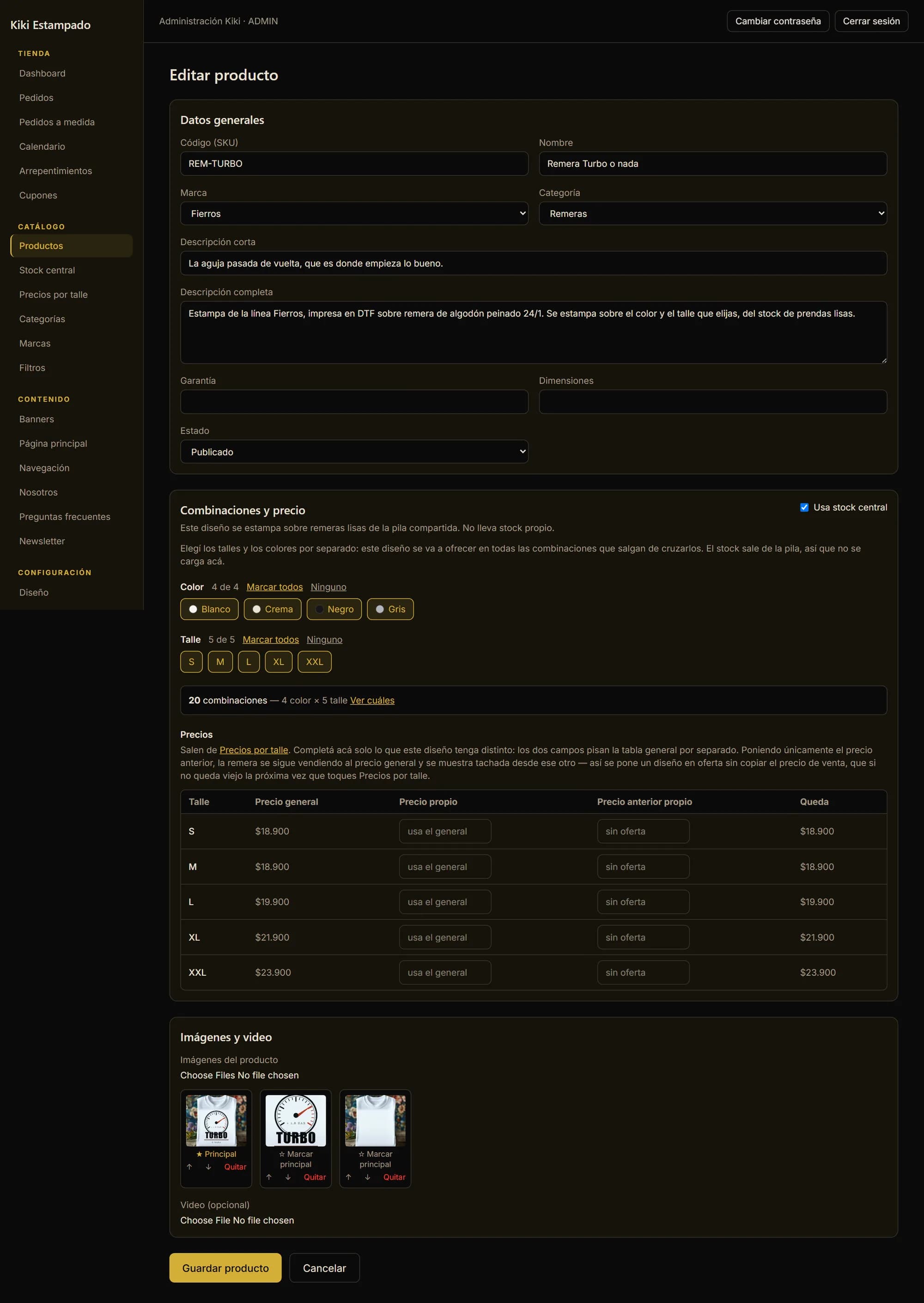 The editor of a product using central stock: general details, the ticked colours and sizes, the combination count and the inherited price table