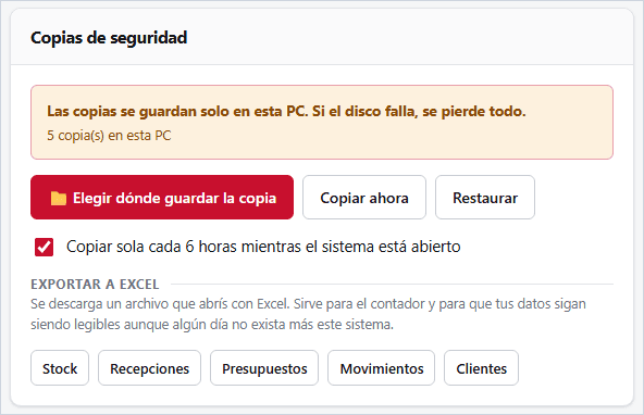 El panel de copias de seguridad de Taller a Punto