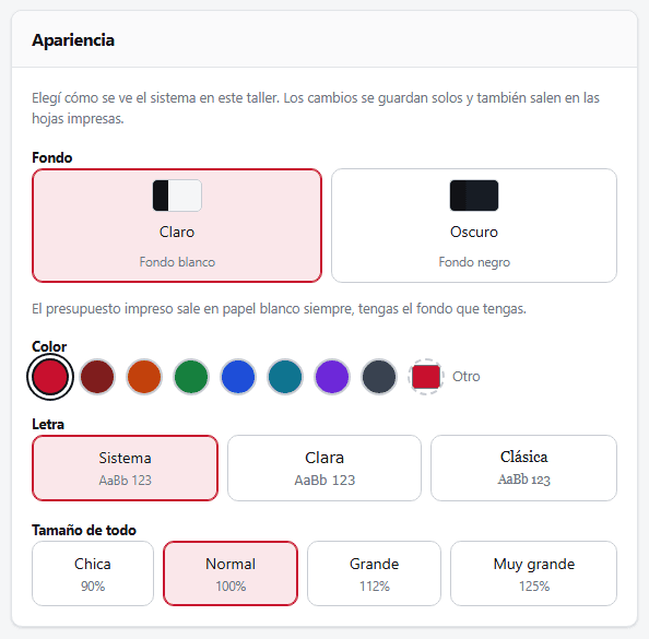 El panel de apariencia de Taller a Punto, con el selector de fondo claro u oscuro