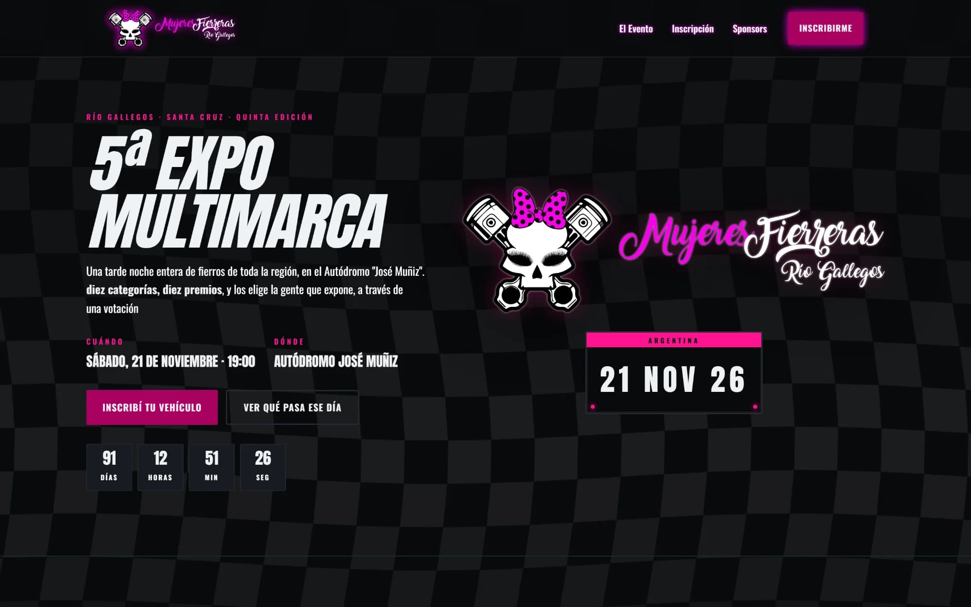 Mujeres Fierreras home page: chequered flag, pink neon logo, countdown and the date on a licence plate