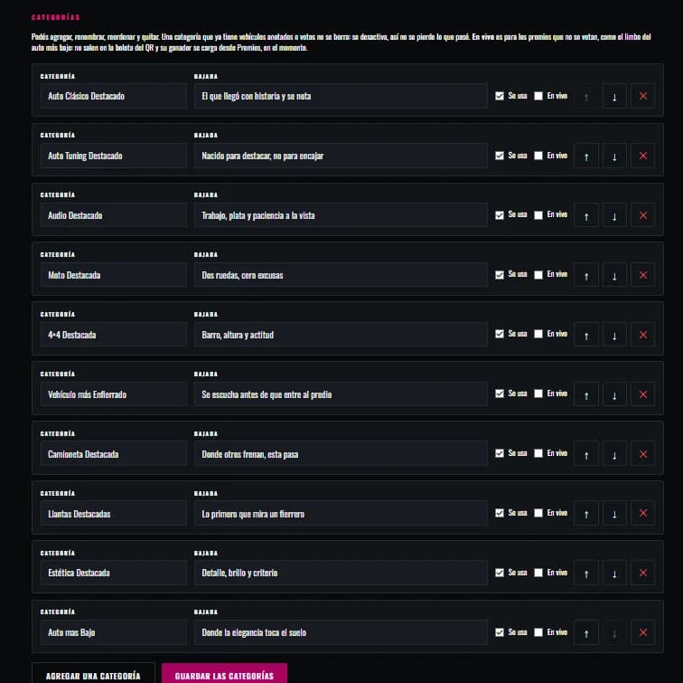The admin screen where categories are added, renamed and reordered