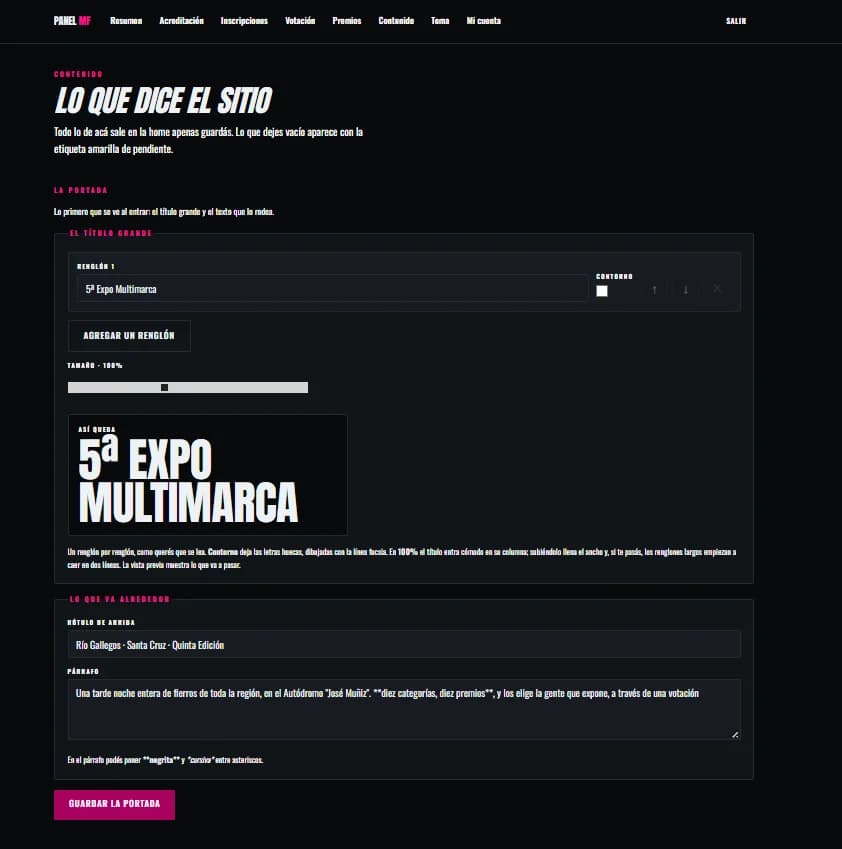 Home page editor: title lines, a size control and a preview of the result