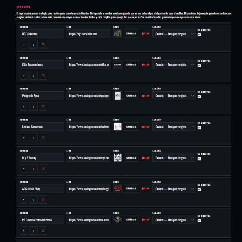 Admin screen with each sponsor, its link, its logo and the size it is shown at