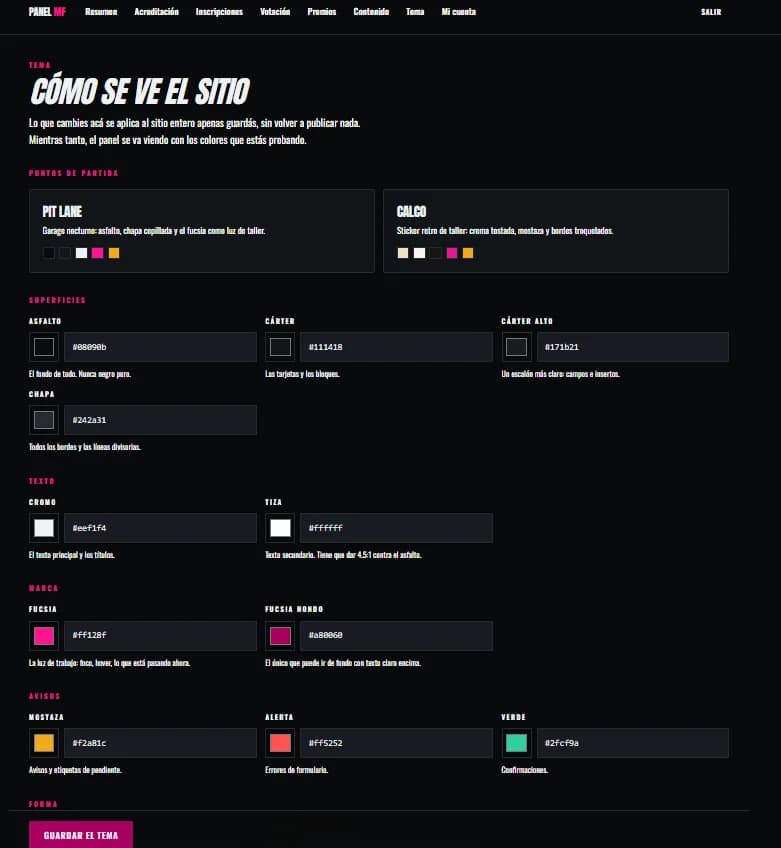 Theme editor with colours named asphalt, sump, sheet metal, chrome, chalk and fuchsia, each with its explanation