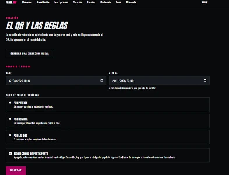 Admin screen with the voting open and close times and the search rules