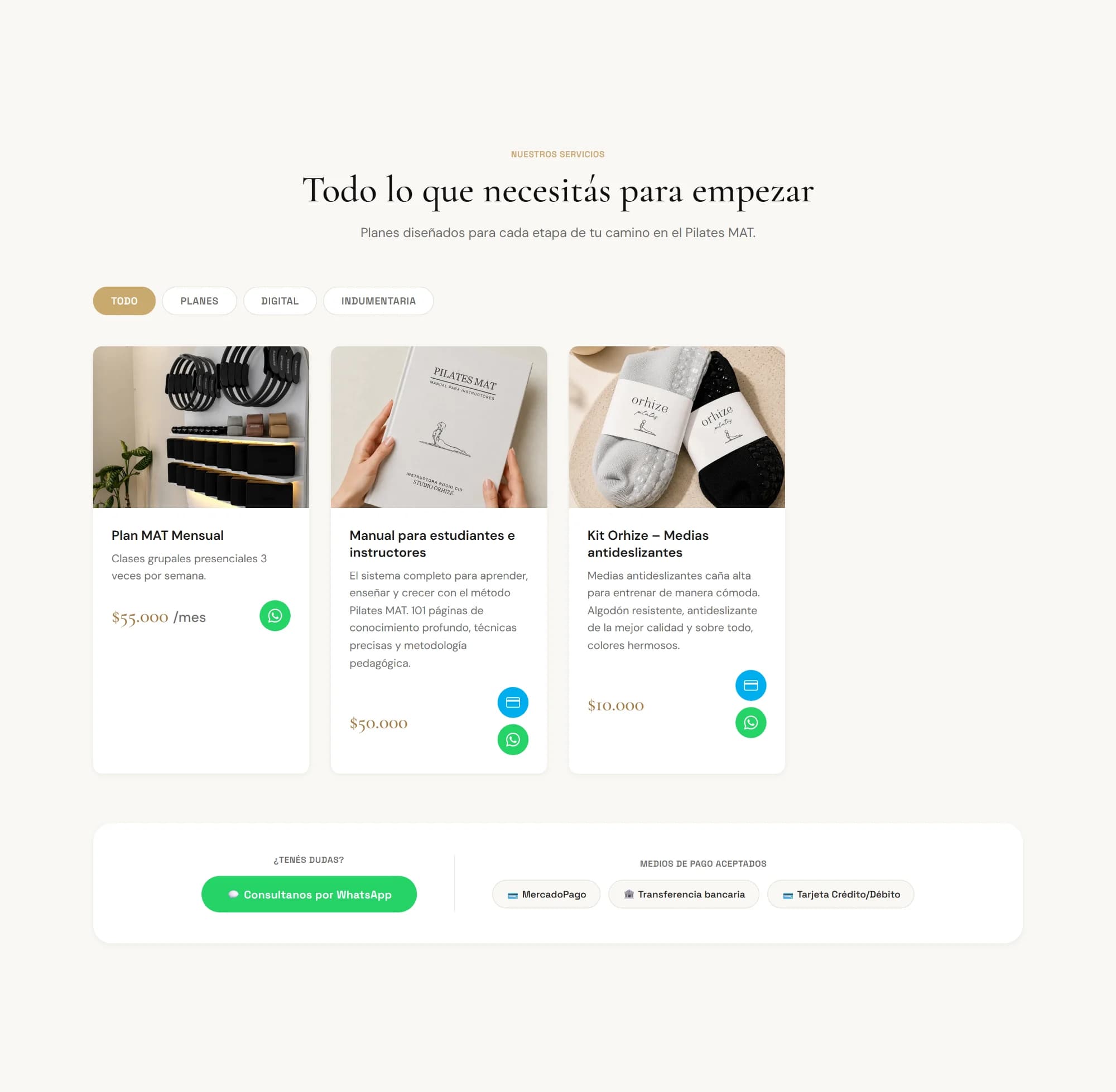 Catálogo de Orhize con pestañas por categoría y tres tarjetas de producto