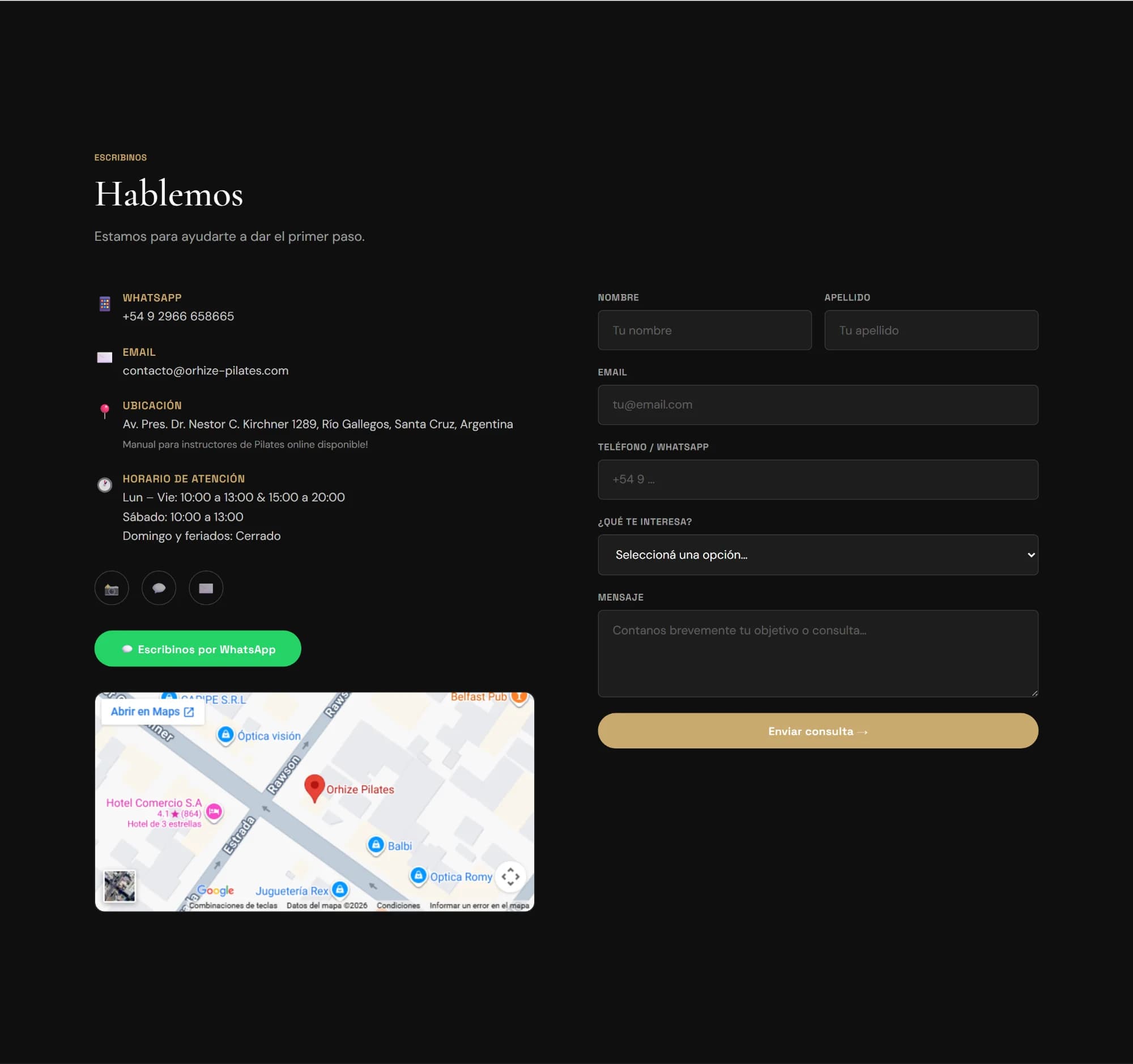 Sección de contacto con datos, horarios, formulario y mapa