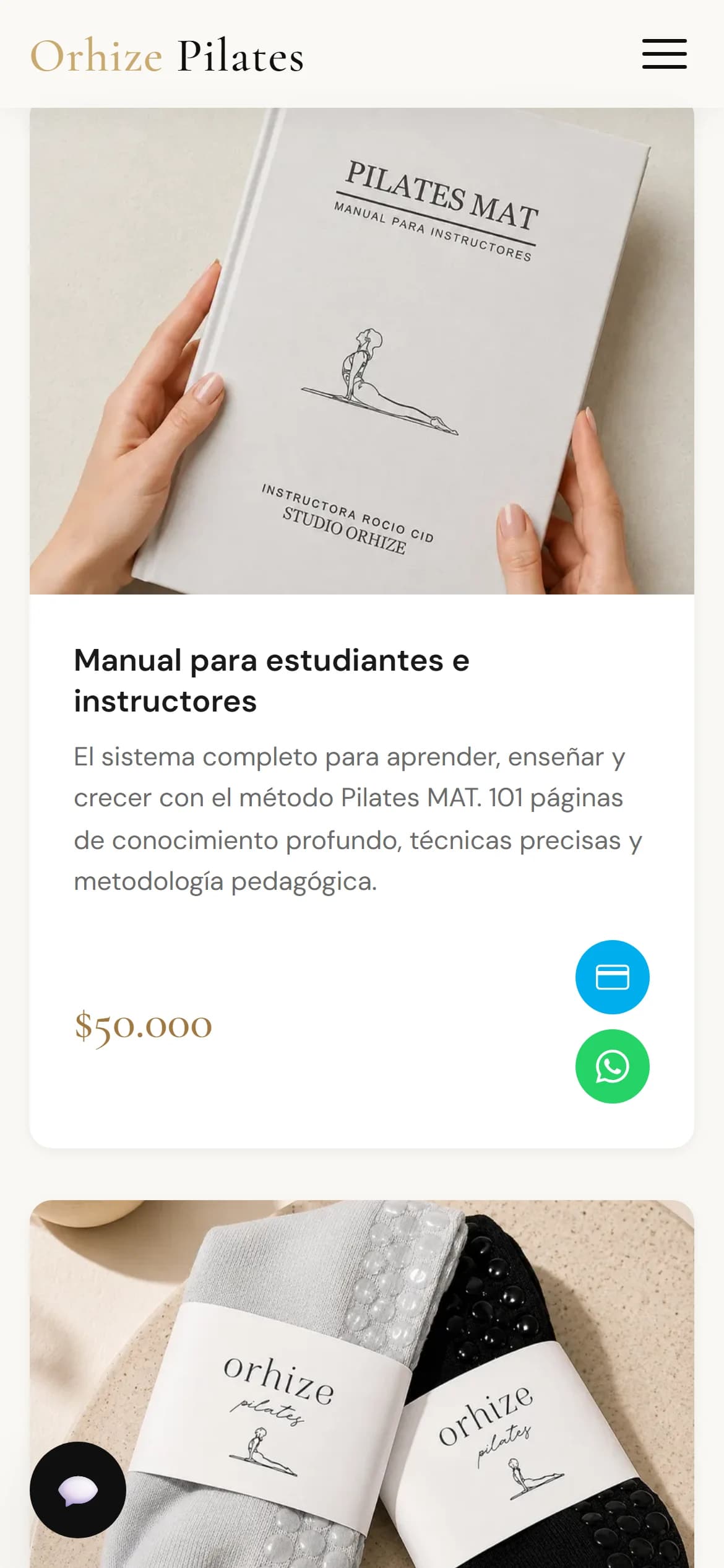 Catálogo de Orhize Pilates en un teléfono