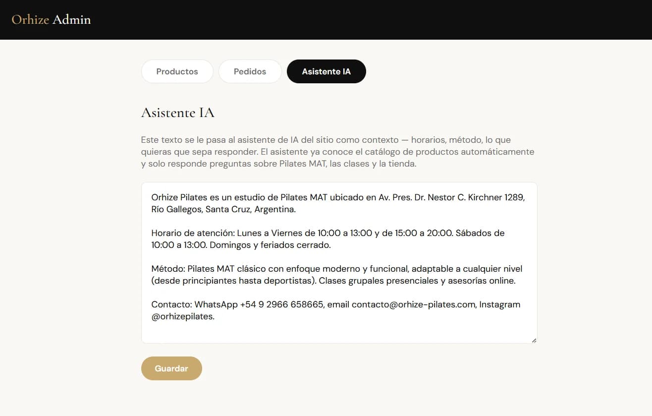 Pantalla del panel donde se escribe el contexto del asistente, en un cuadro de texto libre