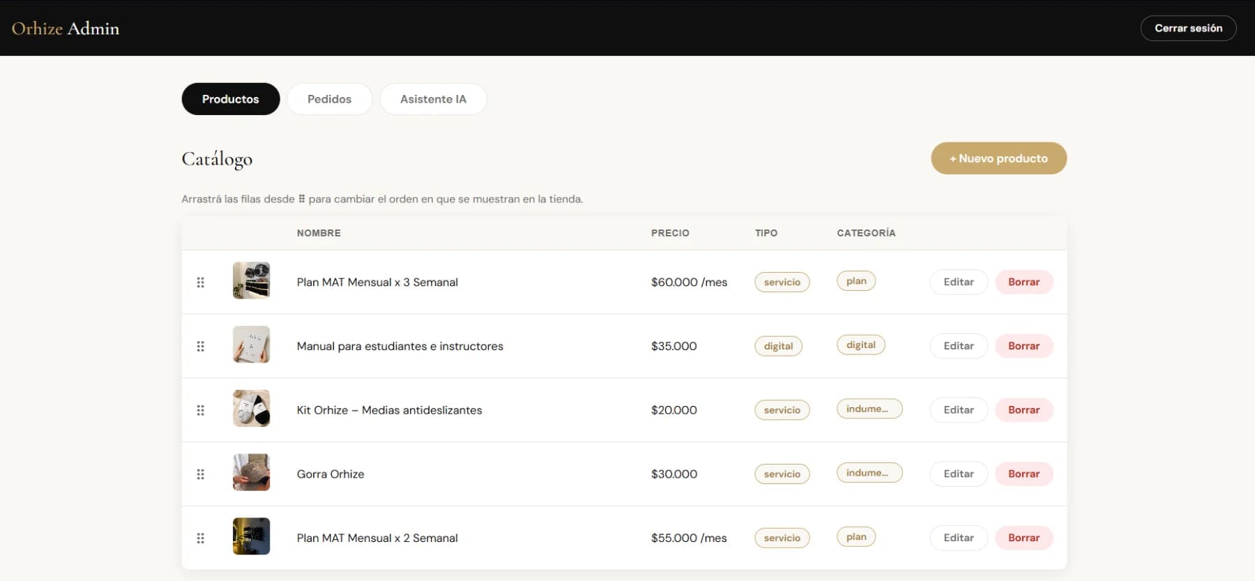 Panel de Orhize: tabla del catálogo con imagen, nombre, precio, tipo y categoría de cada producto