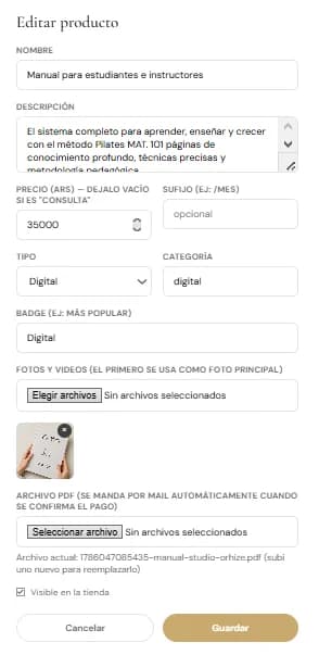 Ficha de edición del manual en el panel, con el campo del archivo PDF